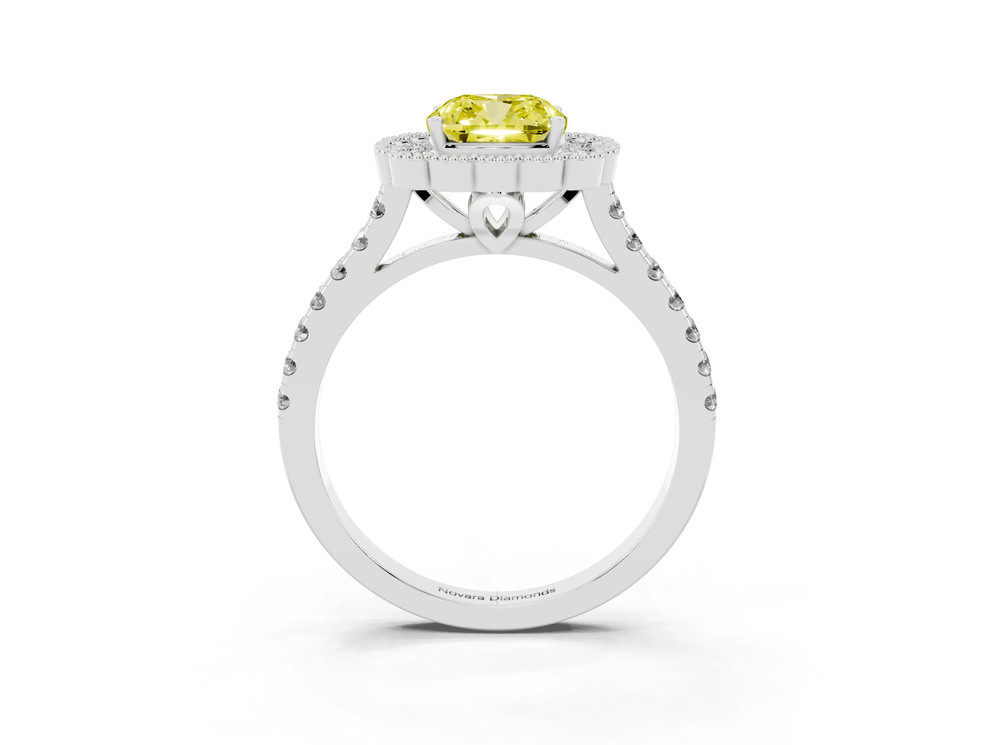 Fancy Yellow Cushion Cut Diamond Milgrain Floral Halo Engagement Ring Set in White gold with Pavé Band