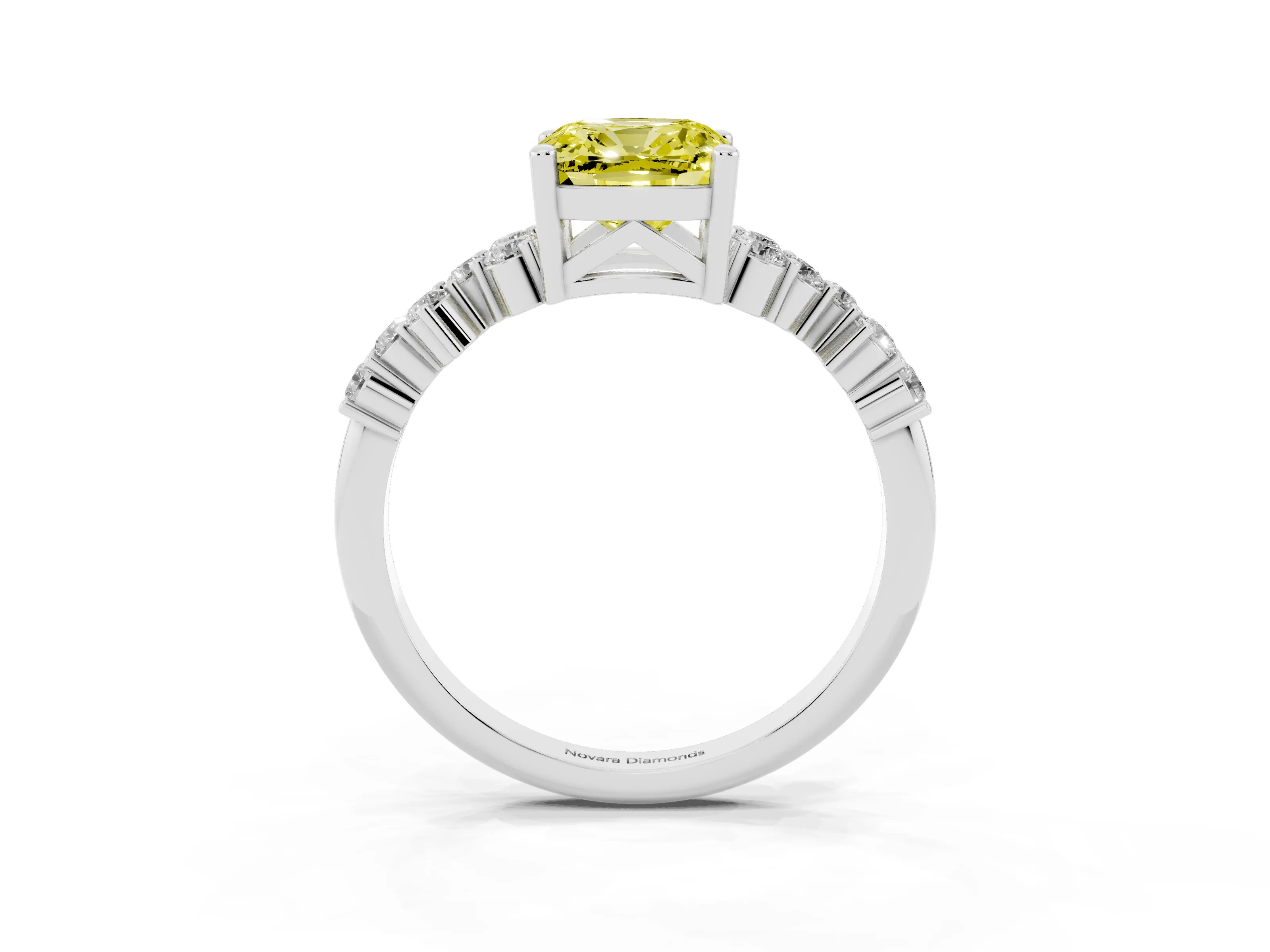 Fancy Yellow Cushion Cut Diamond Ring Set in White gold with Scattered Round Accents