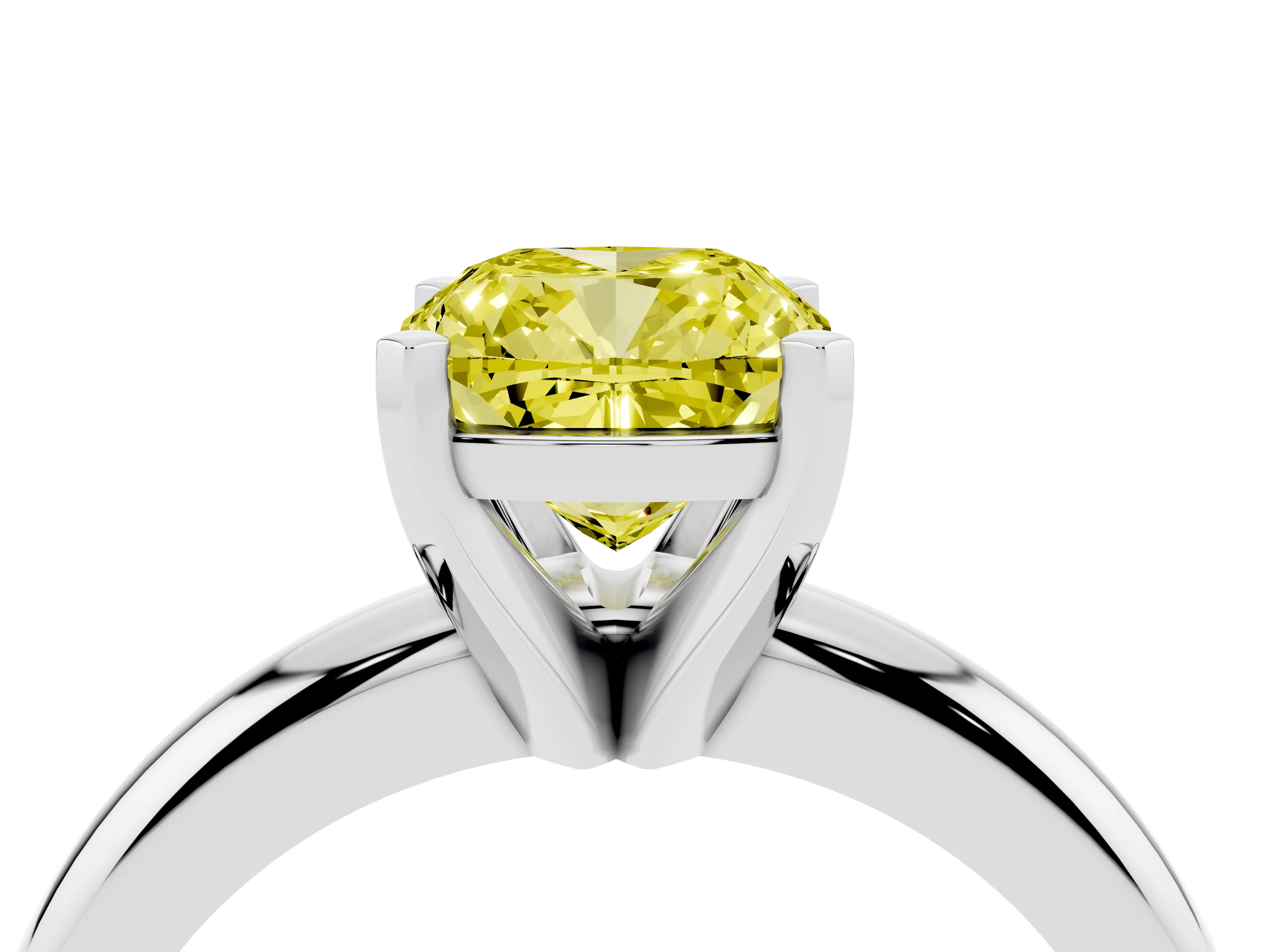 Fancy Yellow Cushion Cut Diamond Solitaire Engagement Ring Set in White gold with Round Band and Prong Setting