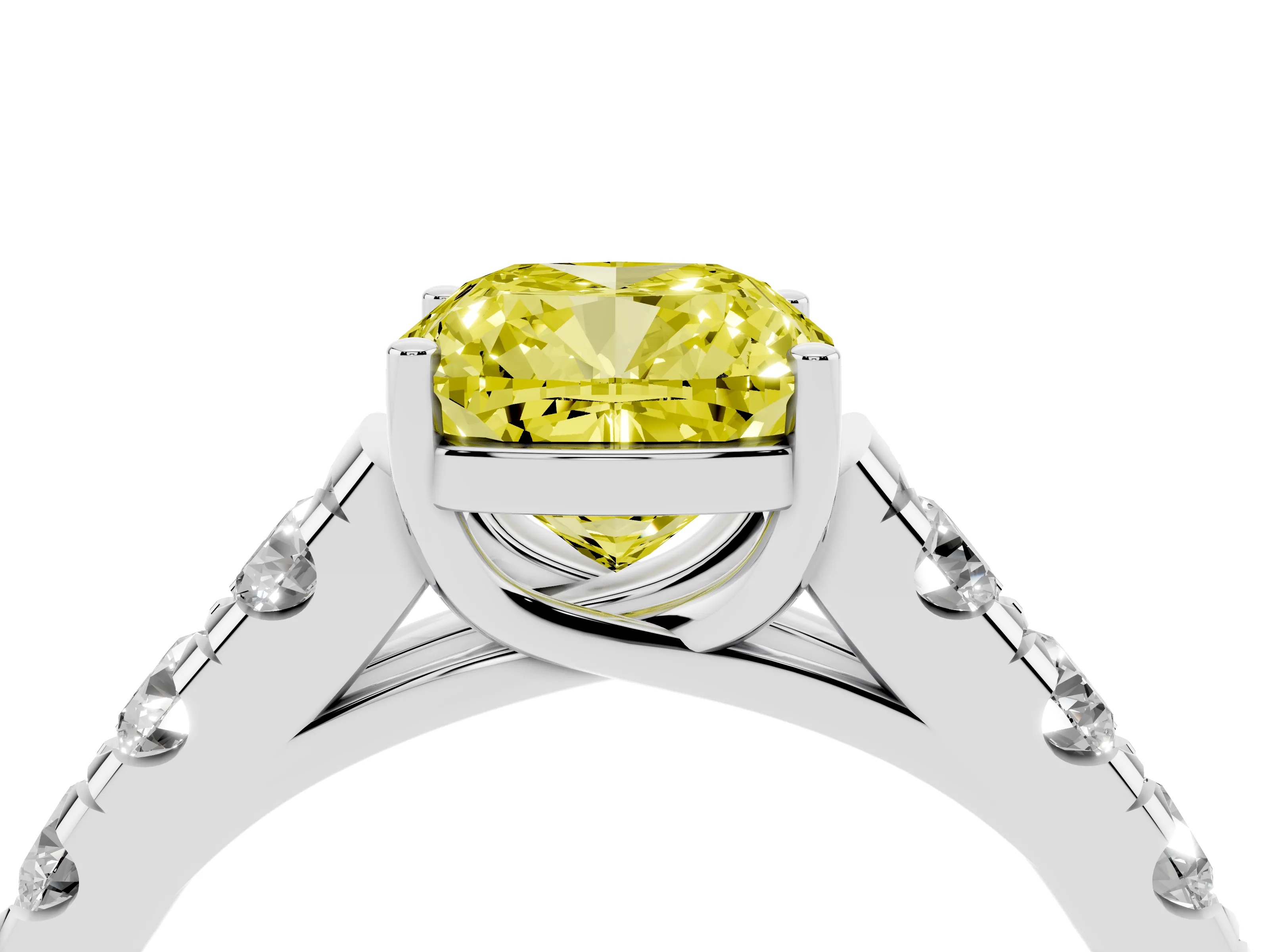Fancy Yellow Cushion Cut Diamond Solitaire Ring Set in Platinum with Cut-Down Micro Pavé Band and Prong Setting
