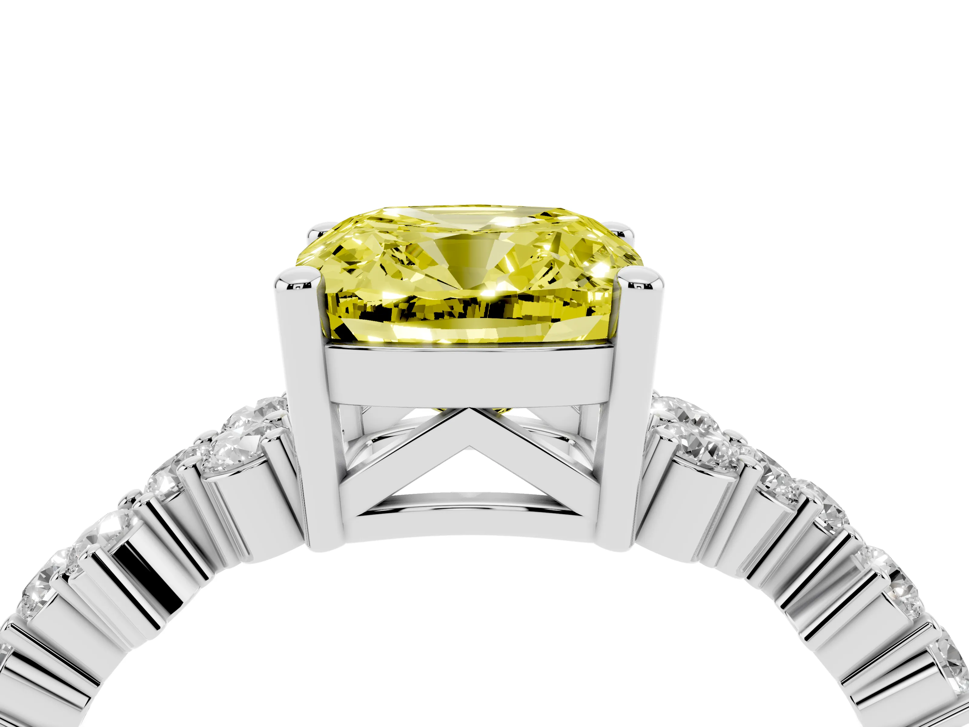 Fancy Yellow Cushion Cut Diamond Ring Set in White gold with Scattered Round Accents