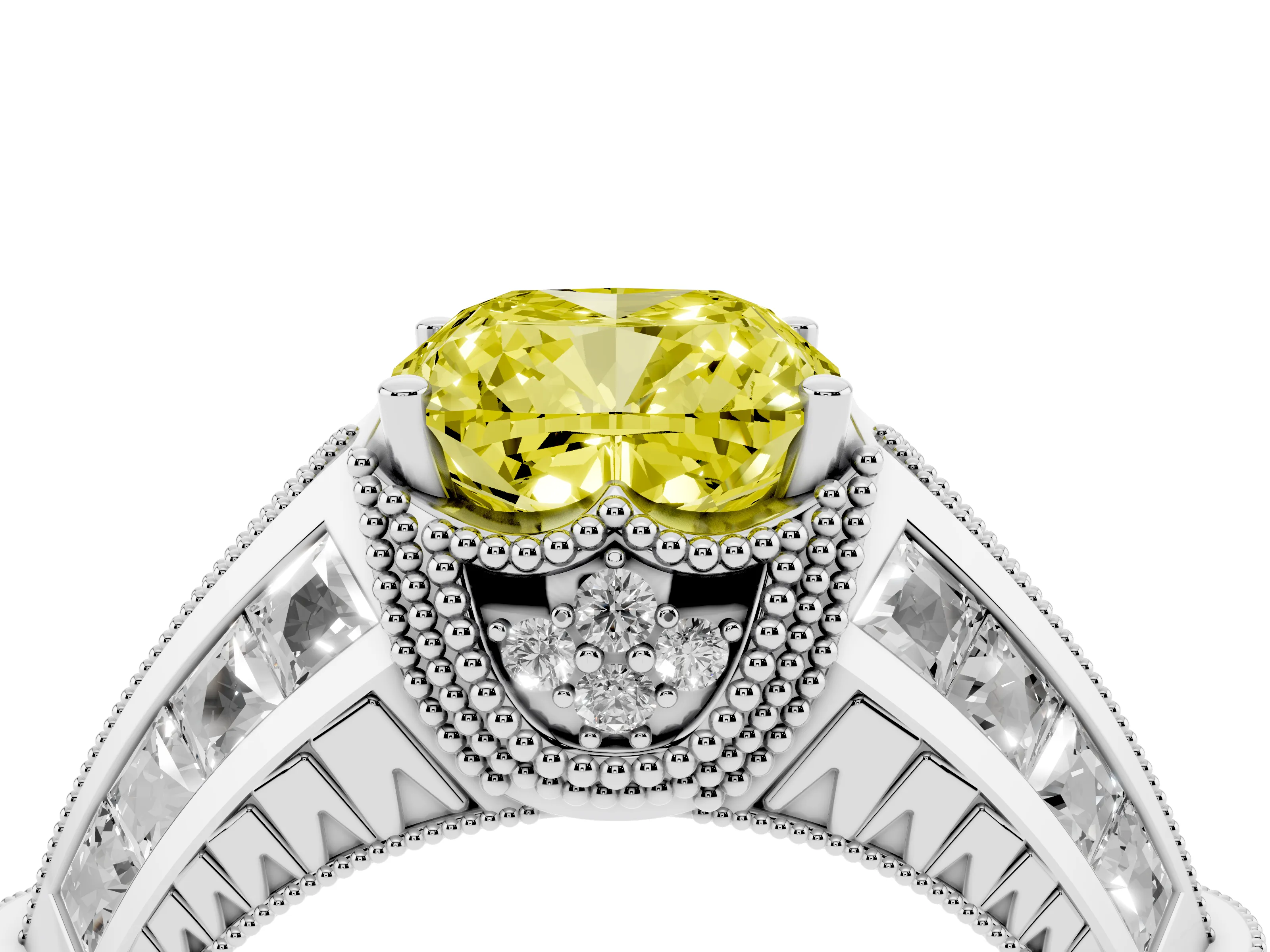 Fancy Yellow Cushion Cut Diamond Vintage-Inspired Milgrain Ring Set in Silver with Accent Split Shank