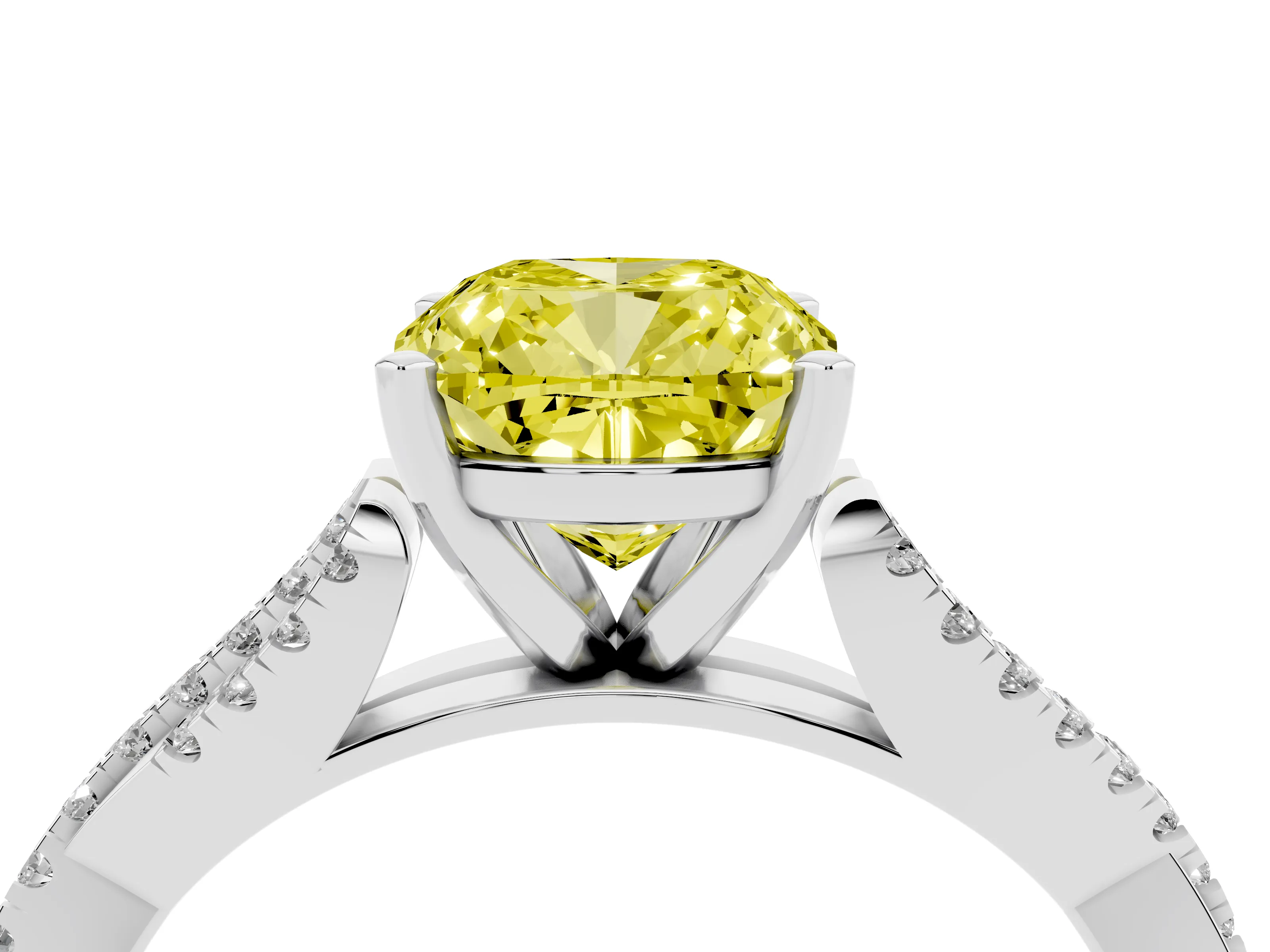 Fancy Yellow Cushion Cut Diamond Solitaire Engagement Ring Set in Platinum with Twisted Pavé Band and Prong Setting