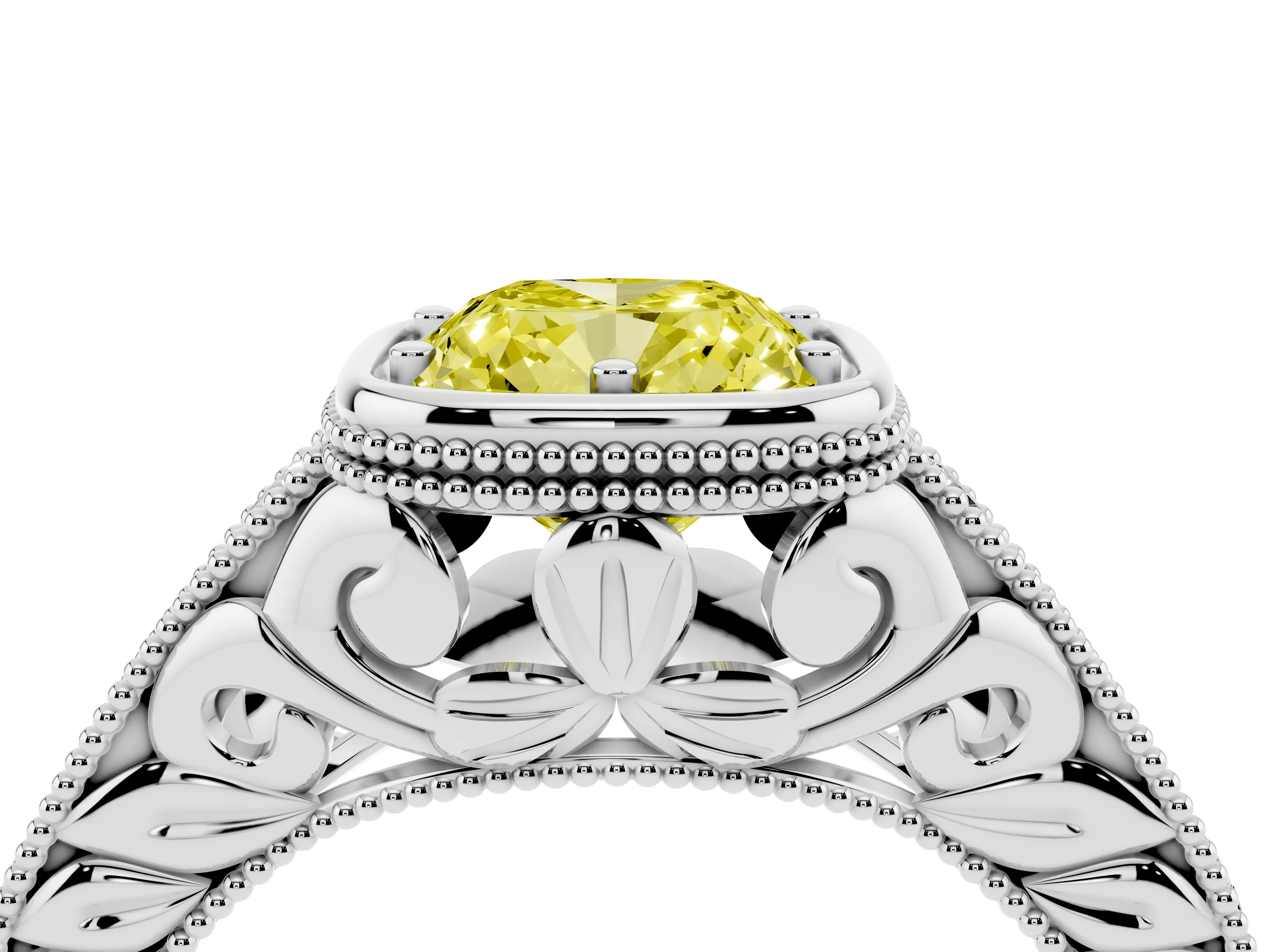 Fancy Yellow Bezel Set Cushion Cut Diamond Milgrain Pavé Engagement Ring Set in White gold