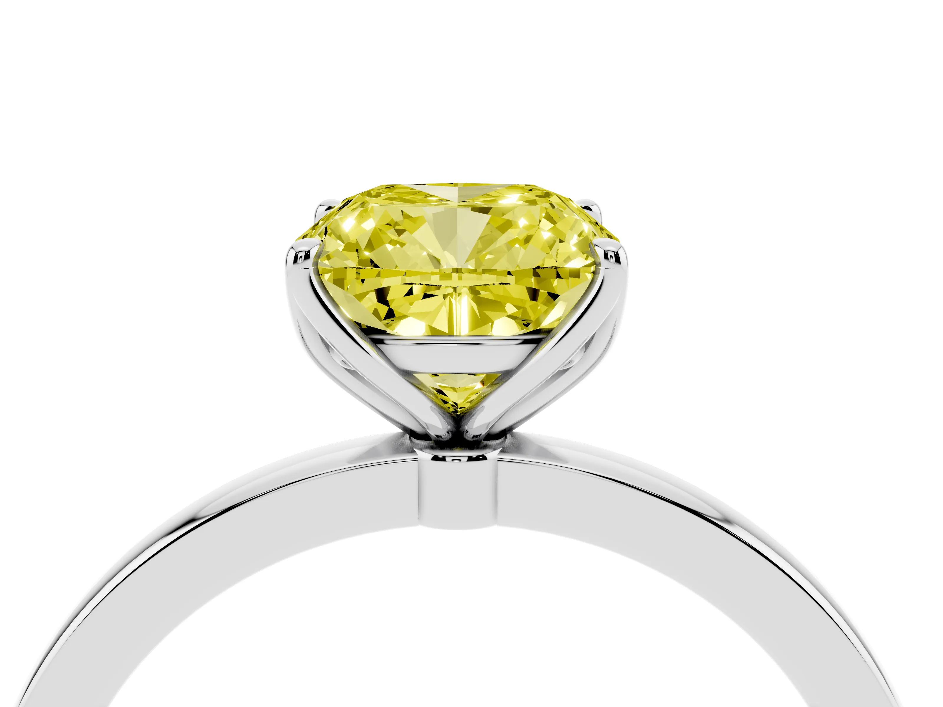 Fancy Yellow Cushion Cut Diamond Solitaire Ring Set in White gold with Prong Setting and Thin Polished Band