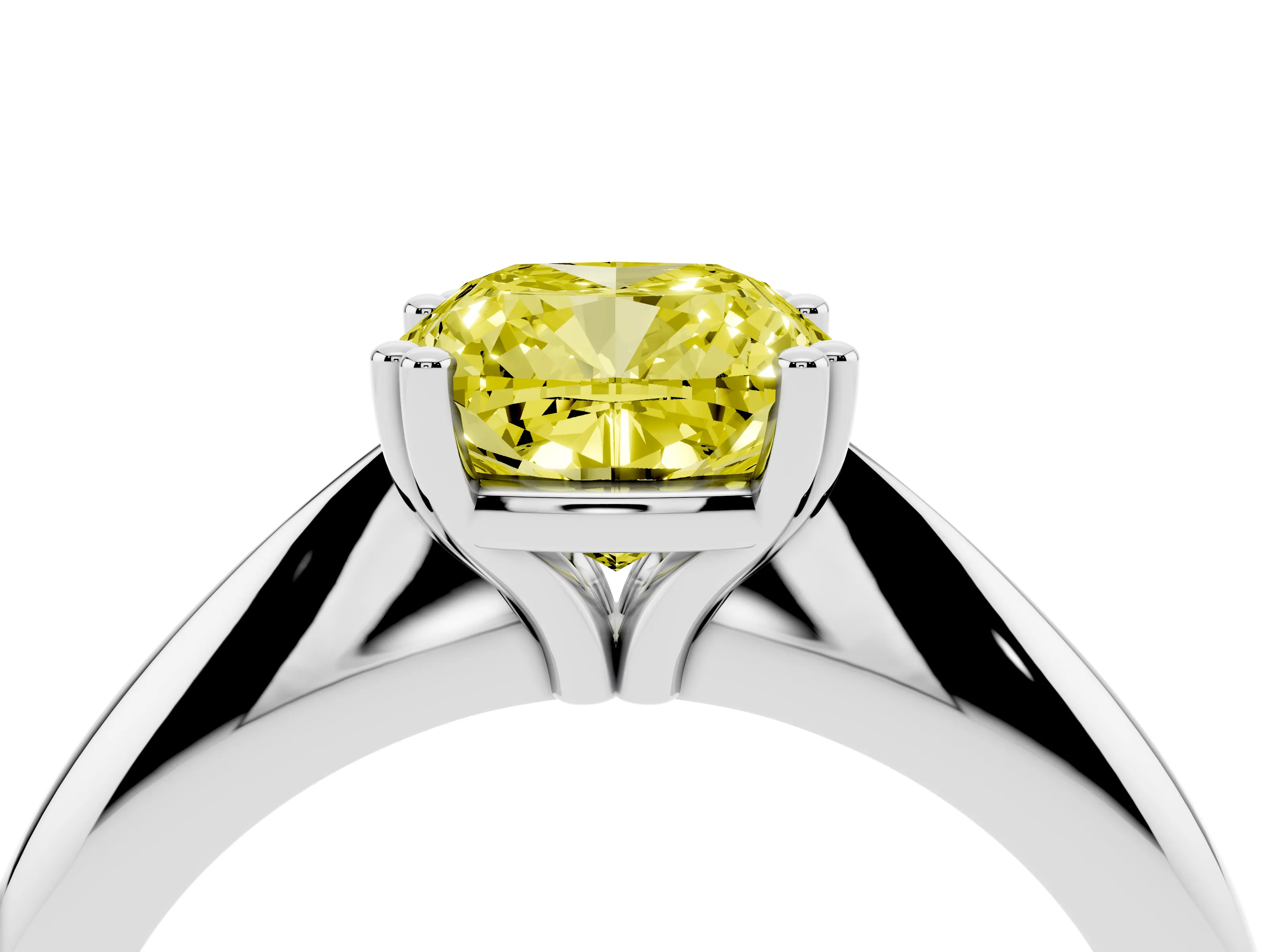 Fancy Yellow Cushion Cut Diamond Solitaire Engagement Ring Set in White gold with Tapered Band and Prong Setting