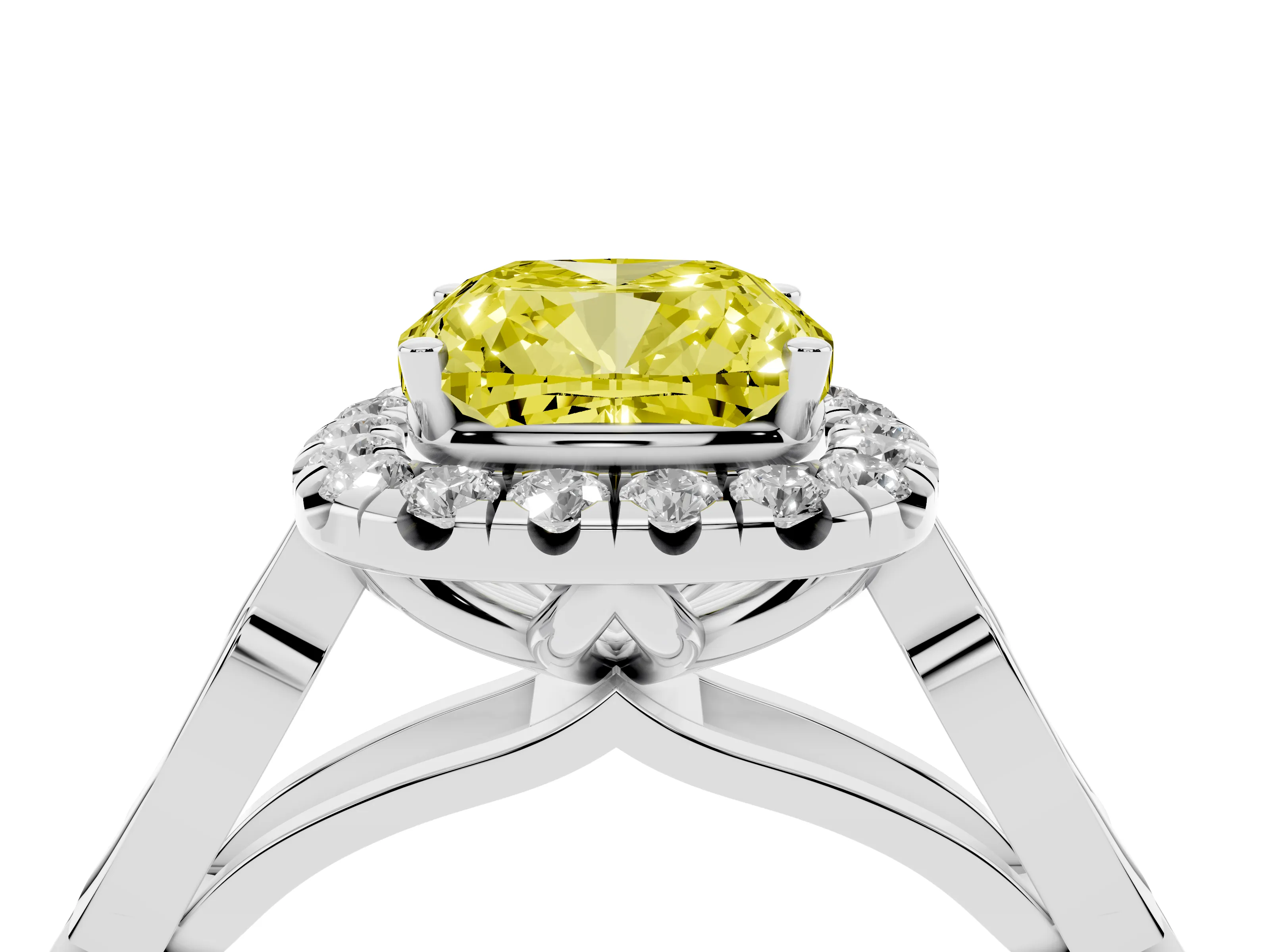 Fancy Yellow Cushion Cut Diamond Halo Engagement Ring Set in Platinum with Filigree Band and Prong-Set Center