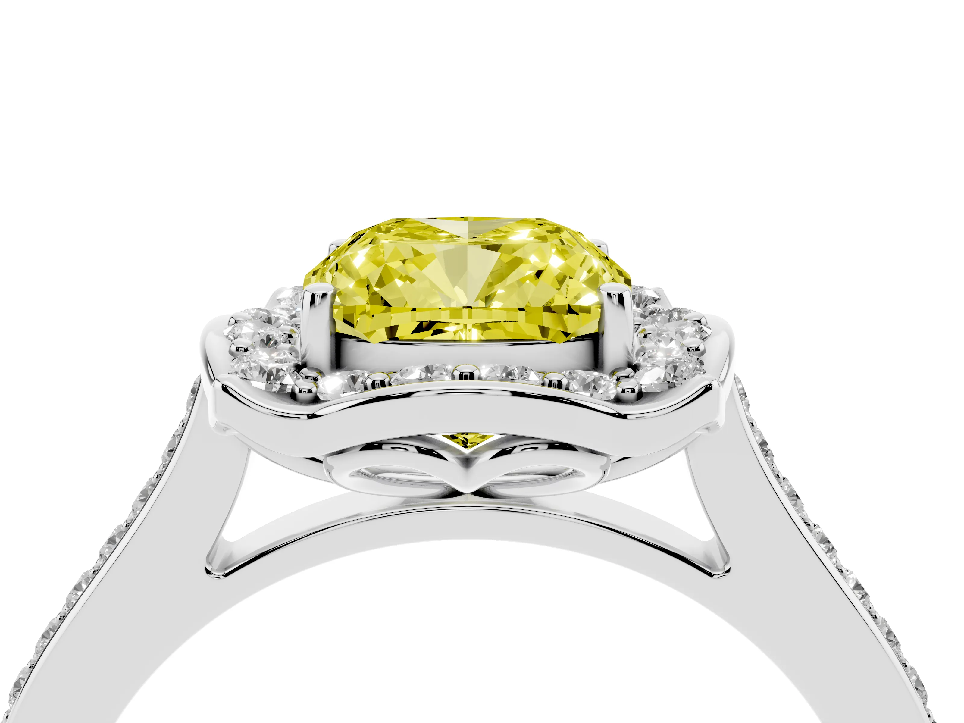Fancy Yellow Cushion Cut Diamond Halo Ring Set in Platinum with Pavé-Lined Shoulders and Prong Setting