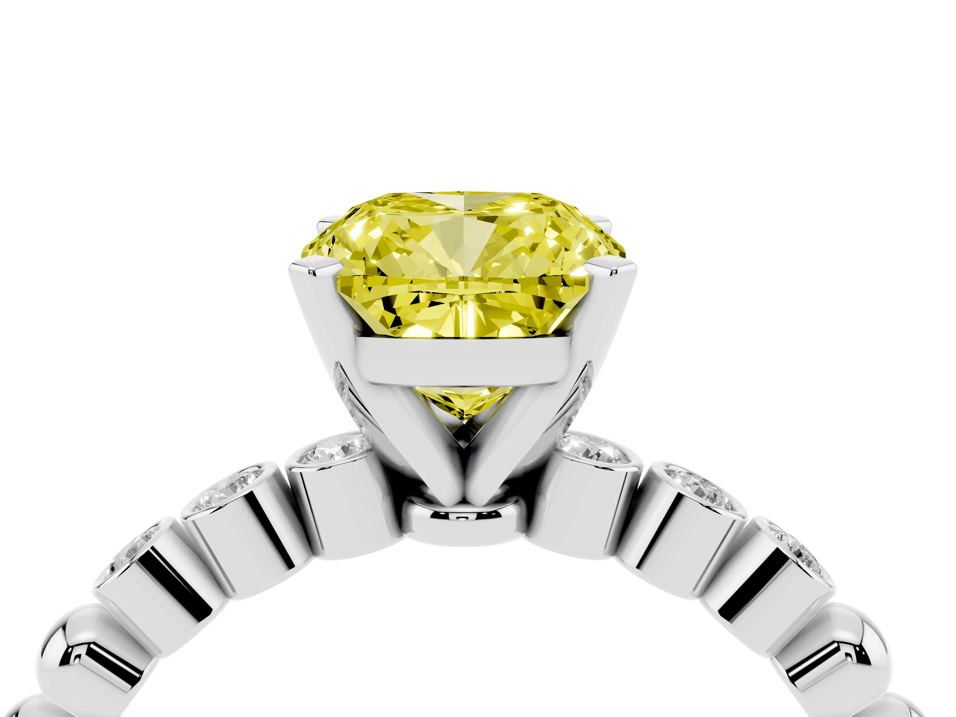 Fancy Yellow Cushion Cut Diamond Solitaire Engagement Ring Set in Silver with Bezel Accents on Beaded Band