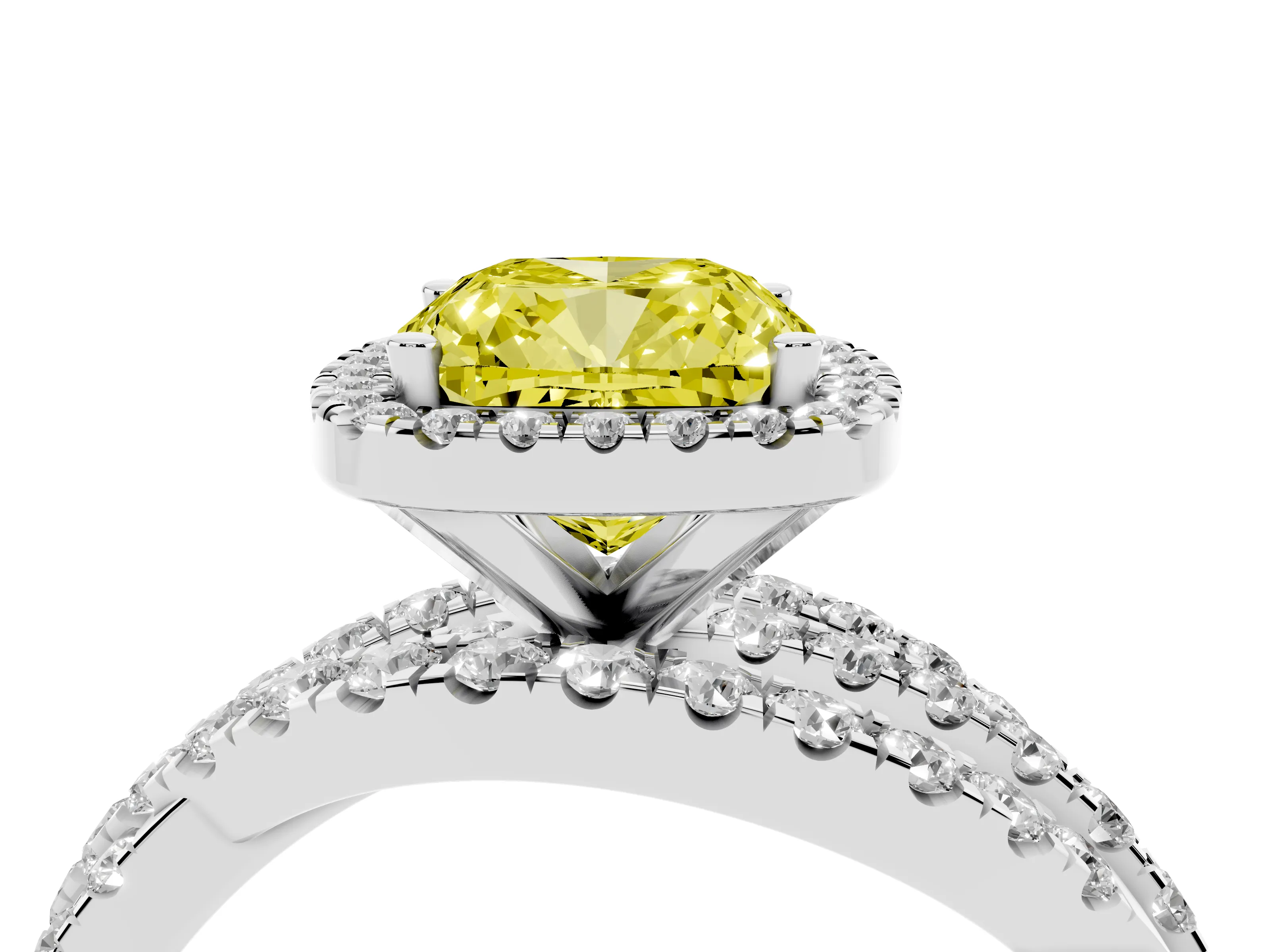Fancy Yellow Cushion Cut Diamond Halo Ring Set in Platinum with Round Crossover Split Shank and Prong Setting