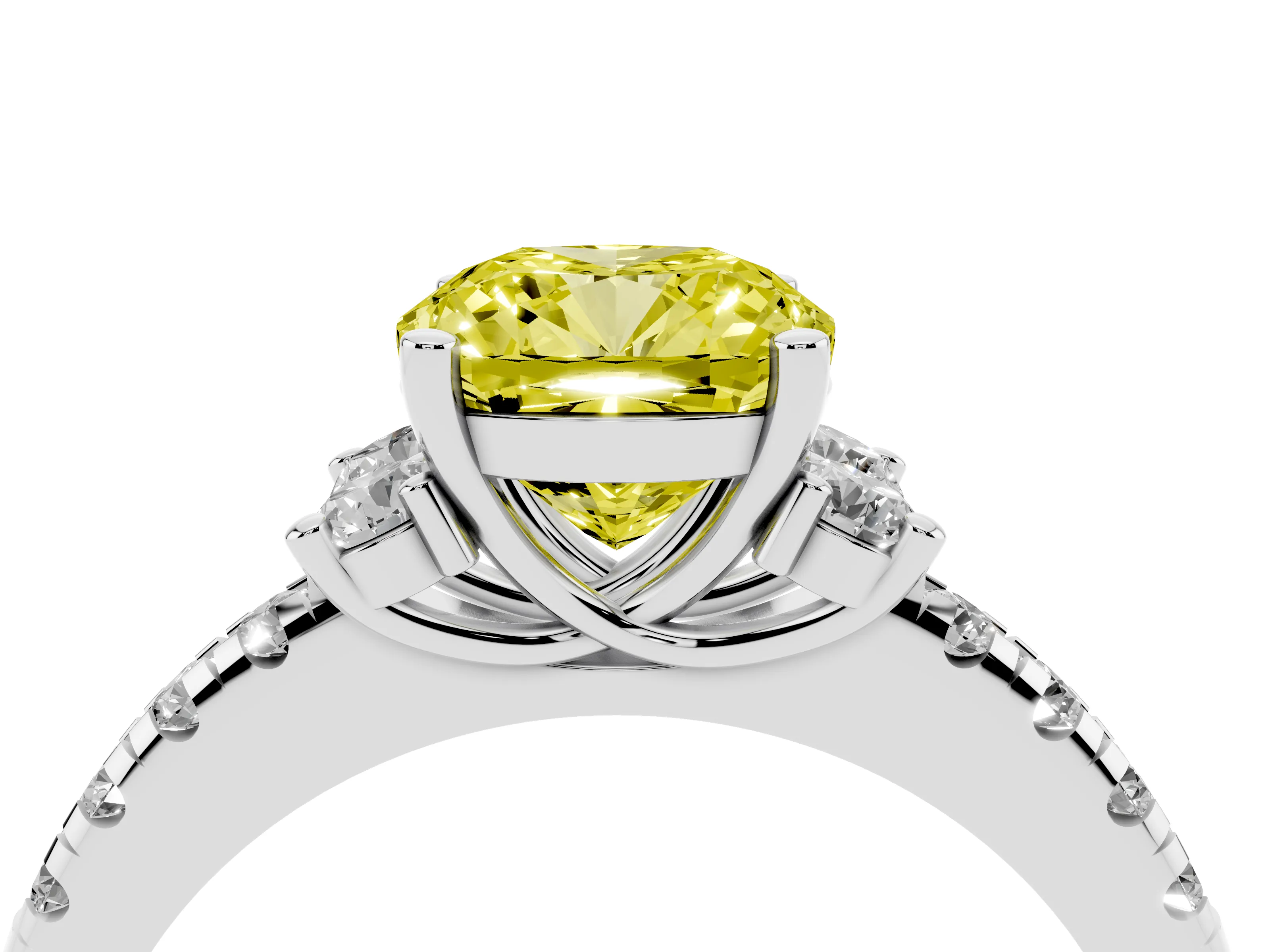 Fancy Yellow Cushion Cut Diamond Three-Stone Pavé Ring Set in Silver with Prong Setting