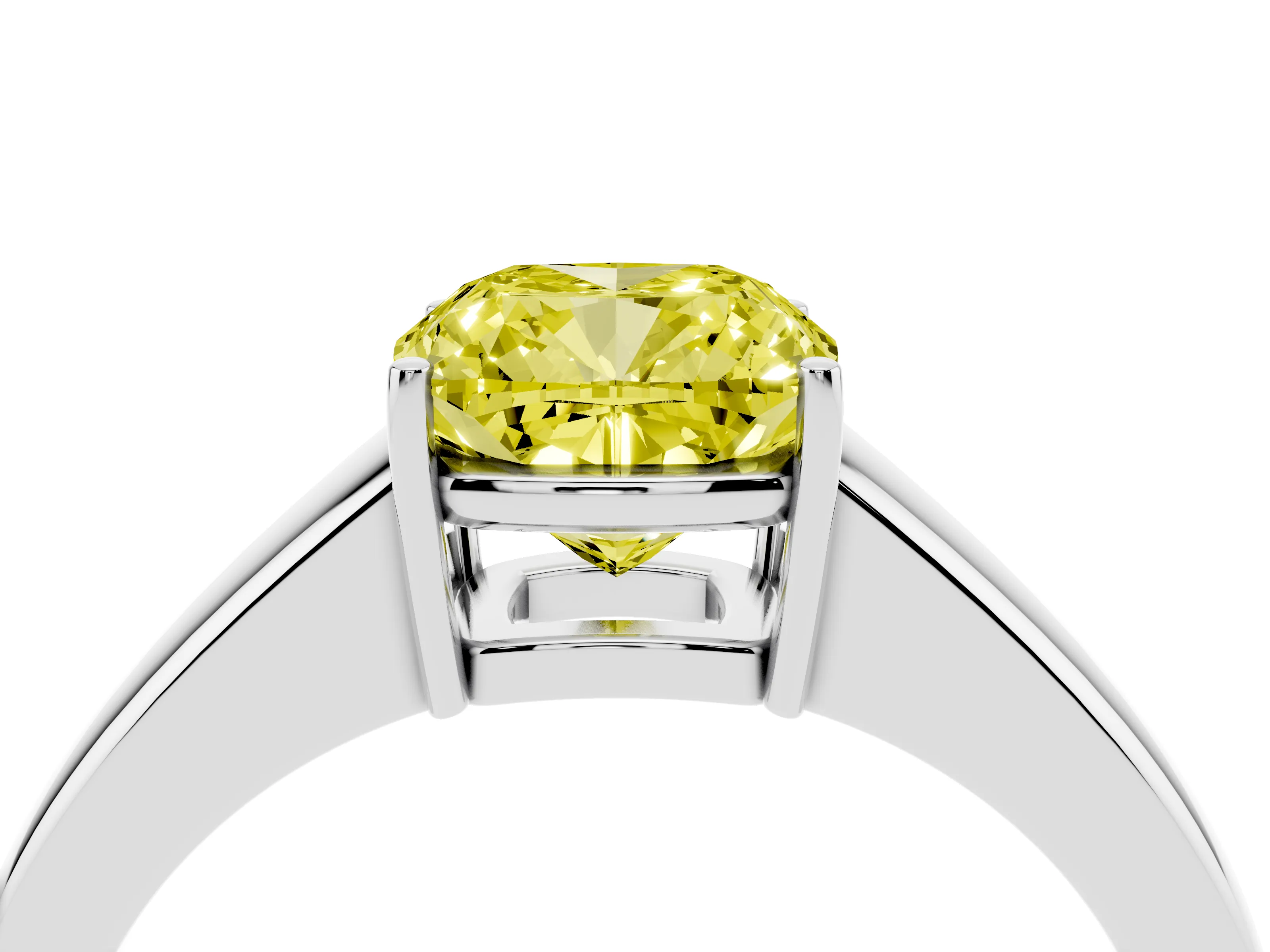 Fancy Yellow Cushion Cut Diamond Solitaire Ring Set in White gold with Tapered Band and Prong Setting