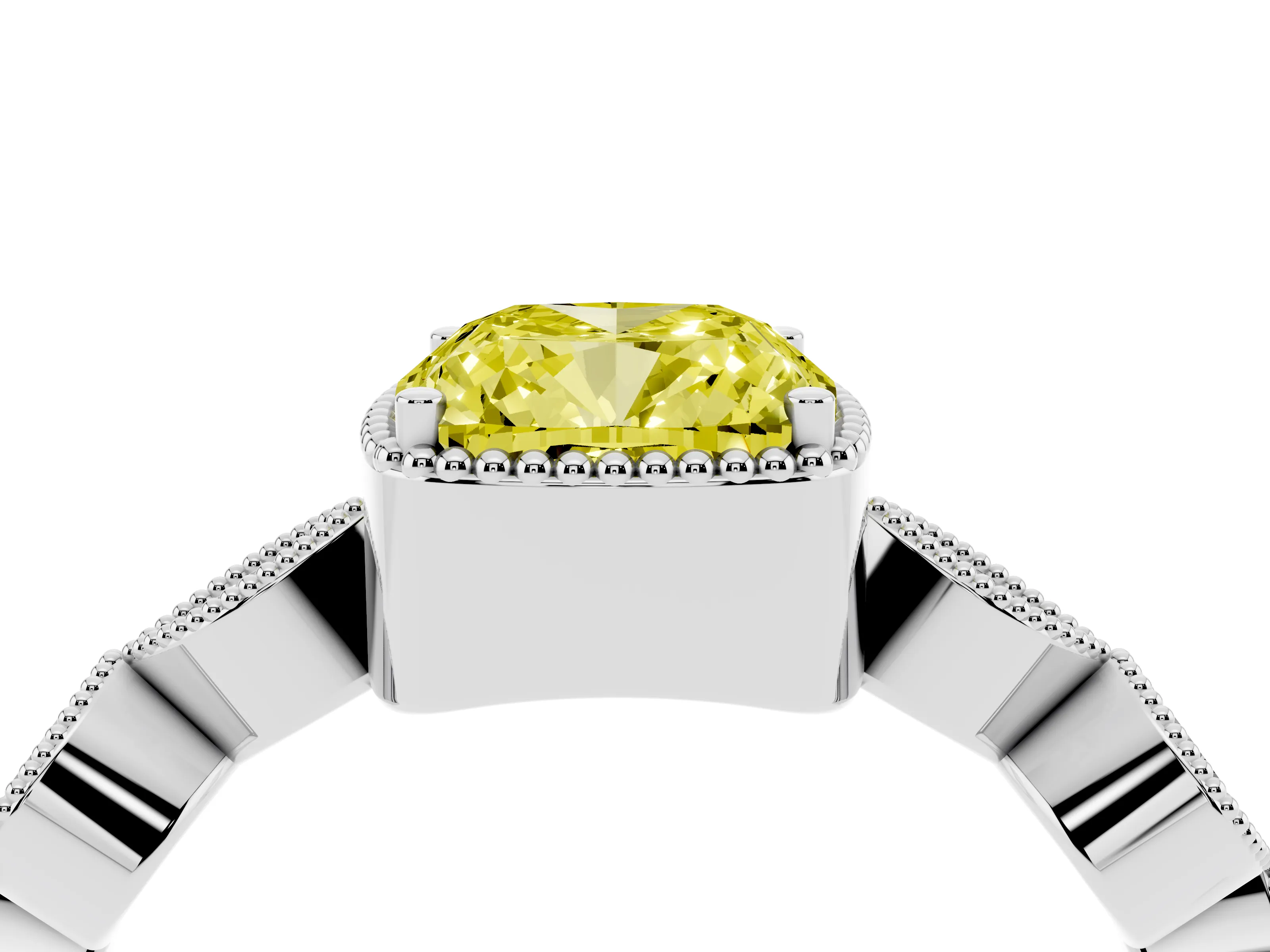 Fancy Yellow Cushion Cut Diamond Vintage-Inspired Milgrain Ring Set in White gold with Marquise Stations of Round Accents