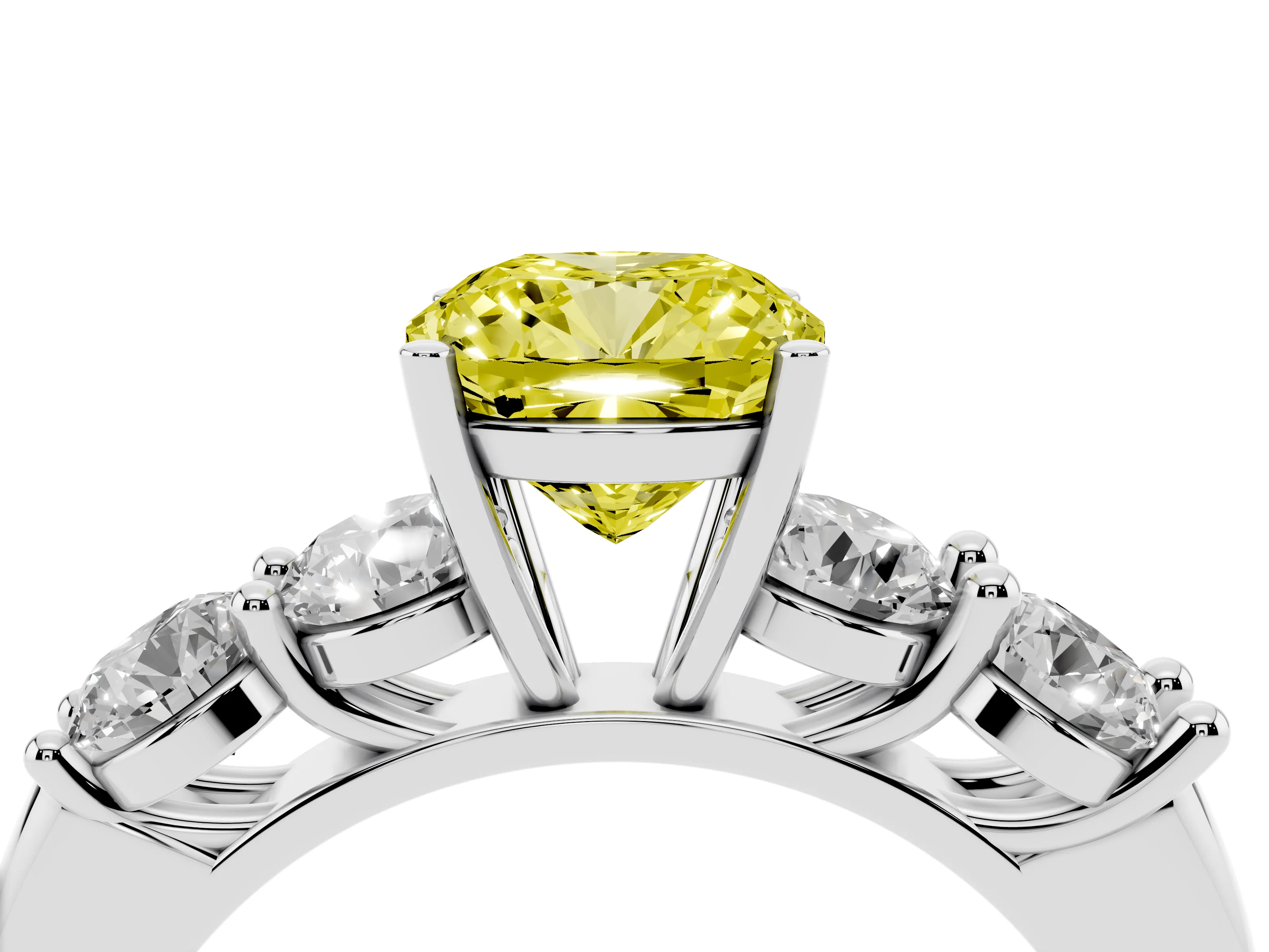 Fancy Yellow Cushion Cut Diamond Five-Stone Prong Set Ring Set in Platinum with Classic Band