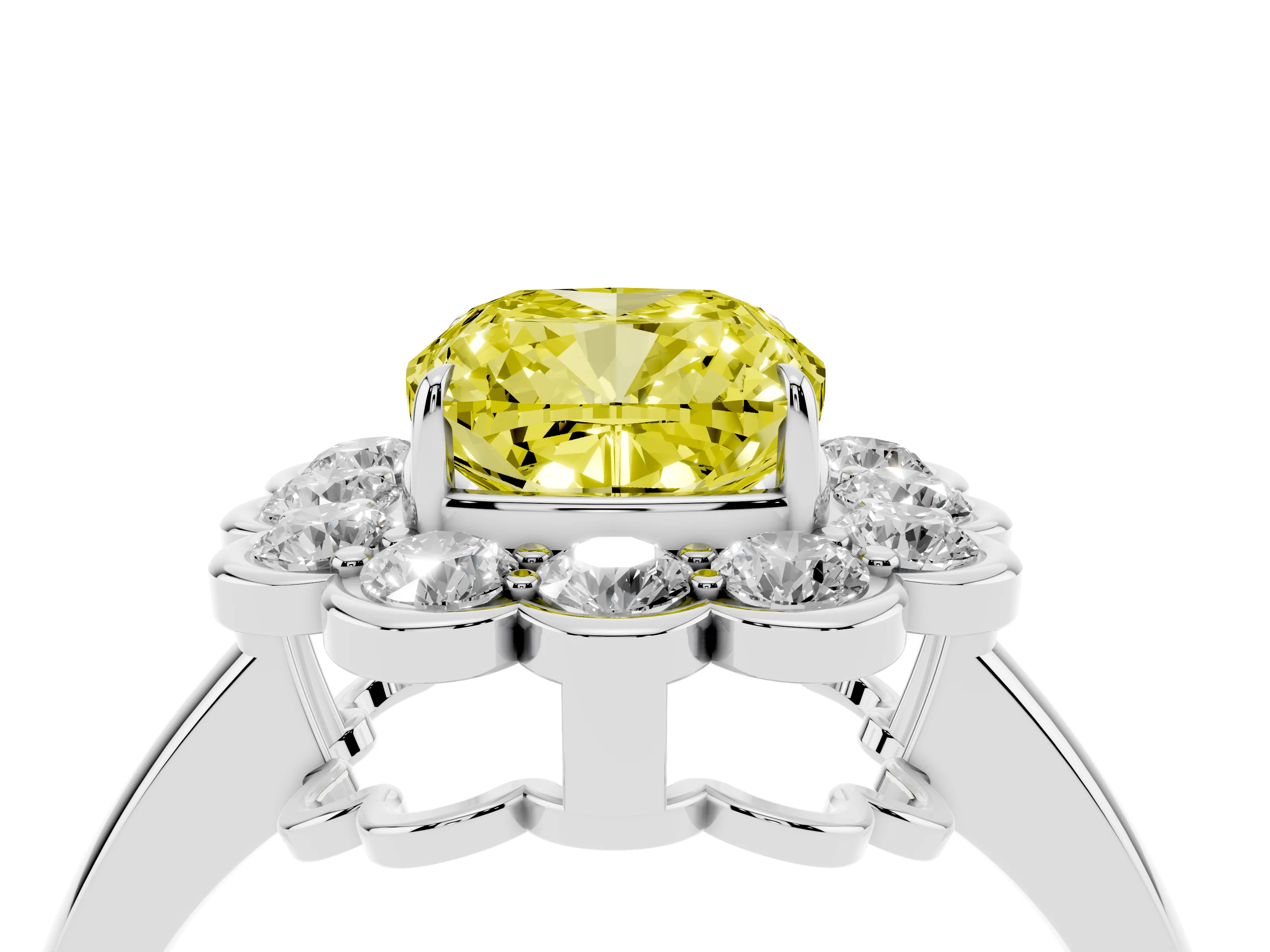 Fancy Yellow Cushion Cut Diamond Halo Cluster Engagement Ring Set in Platinum with Solitaire Band and Prong Setting