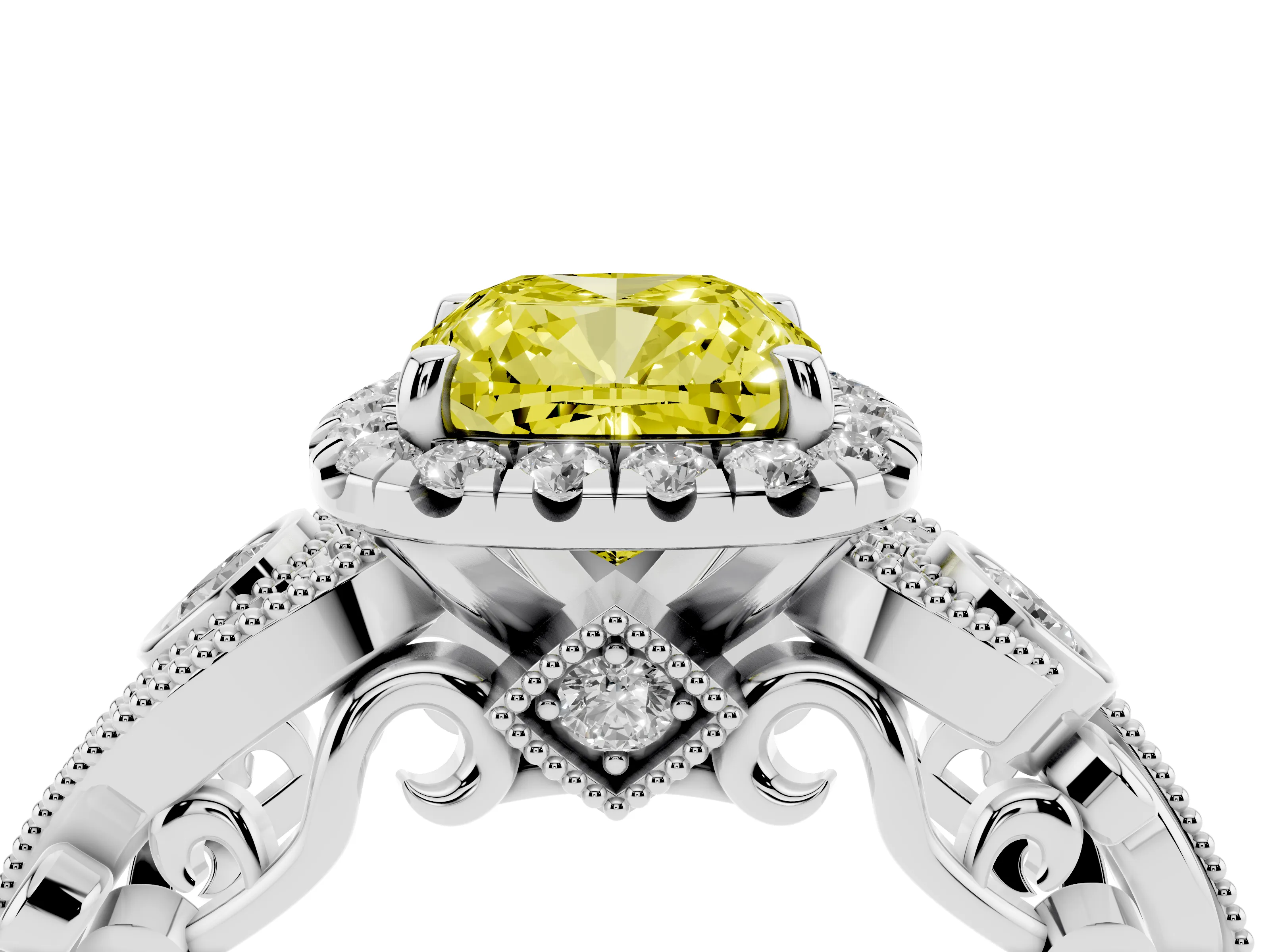 Fancy Yellow Cushion Cut Diamond Halo Ring Set in Platinum with Milgrain Pavé Band and Prong Setting