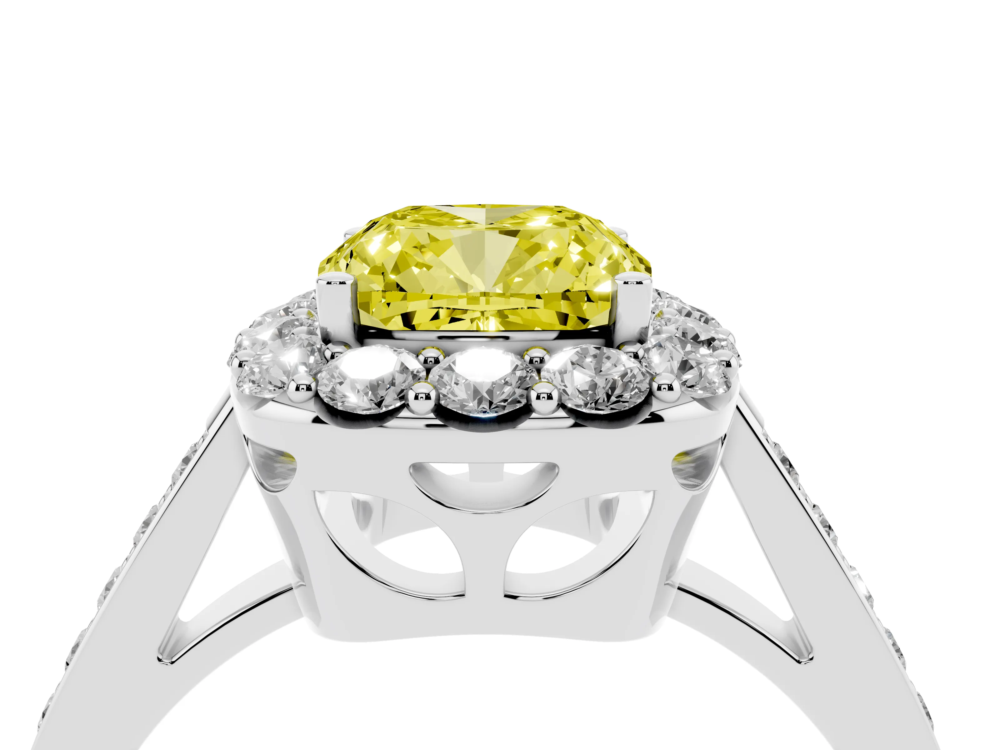 Fancy Yellow Cushion Cut Diamond Floral Halo Ring Set in White gold with Pavé Band and Prong Setting