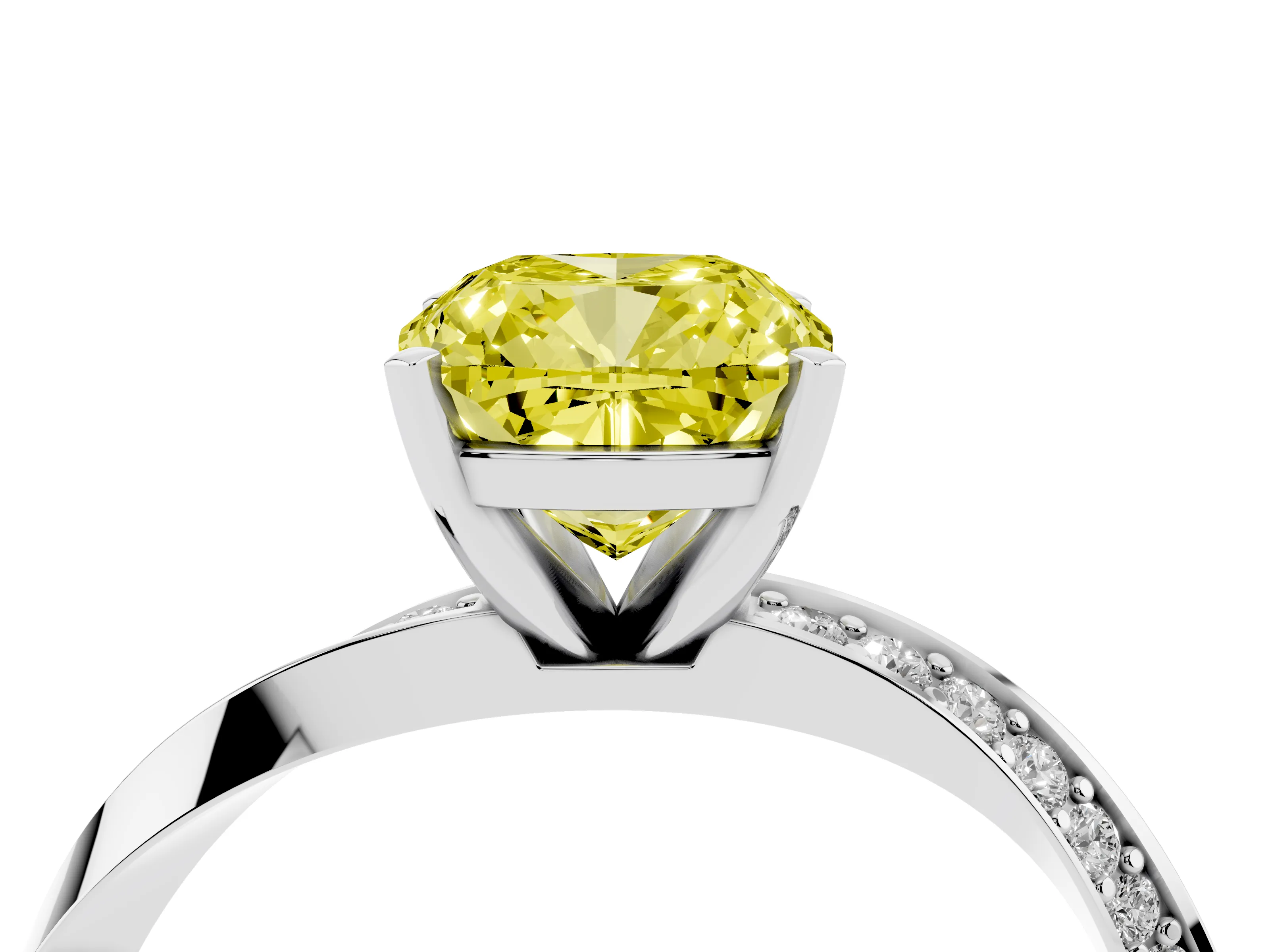 Fancy Yellow Cushion Cut Diamond Engagement Ring Set in Platinum with Side Stone Accents and Prong Setting