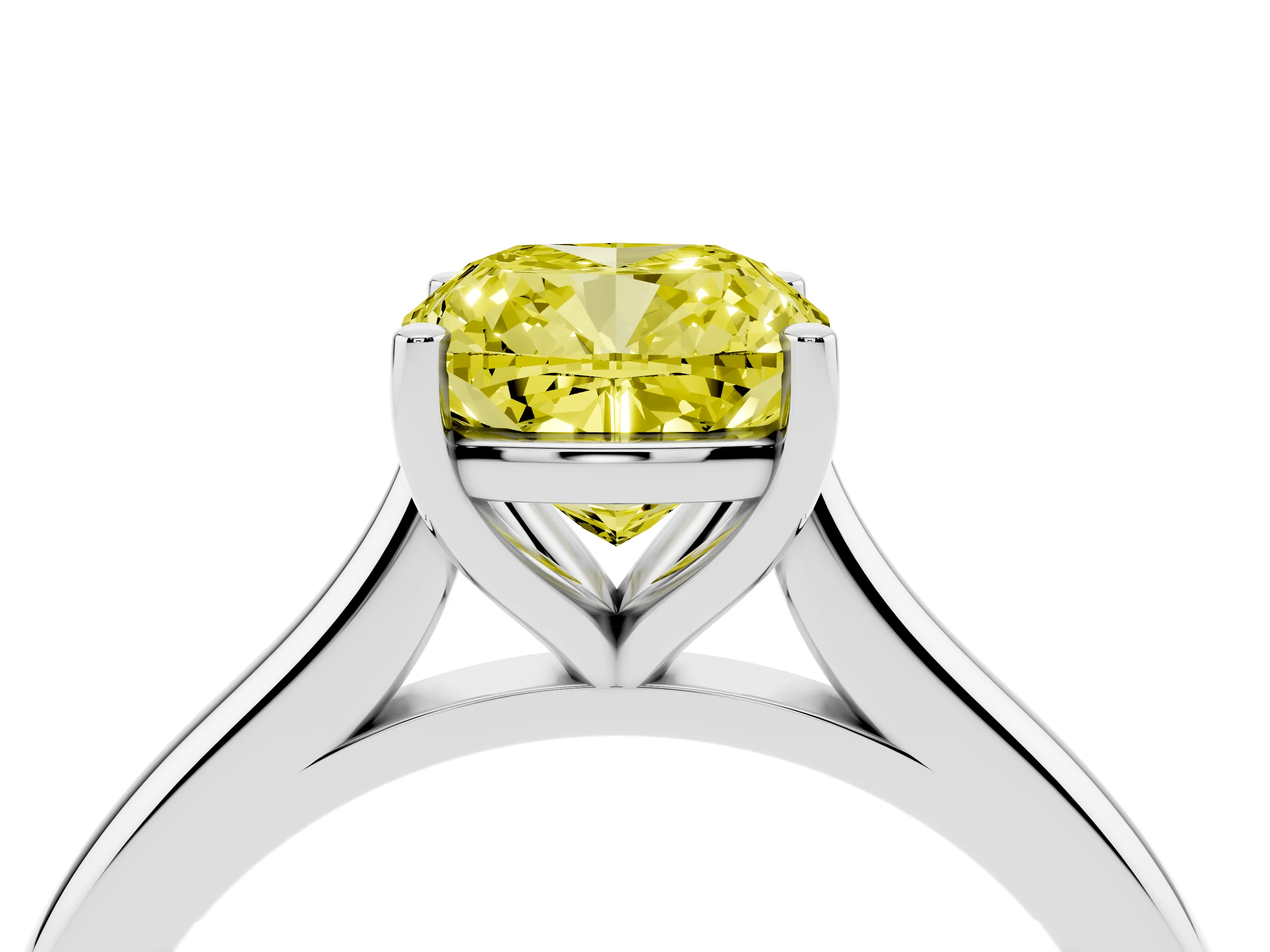 Fancy Yellow Cushion Cut Diamond Solitaire Ring Set in Platinum with Cathedral Band and Prong Setting