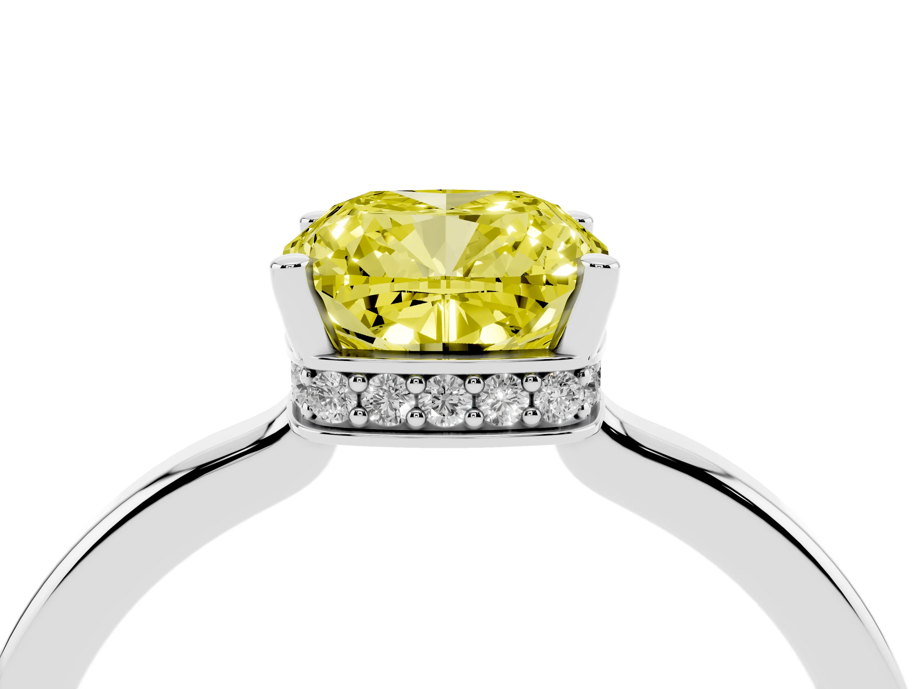 Fancy Yellow Cushion Cut Diamond Solitaire Engagement Ring Set in White gold with Prong Setting on a Plain Band