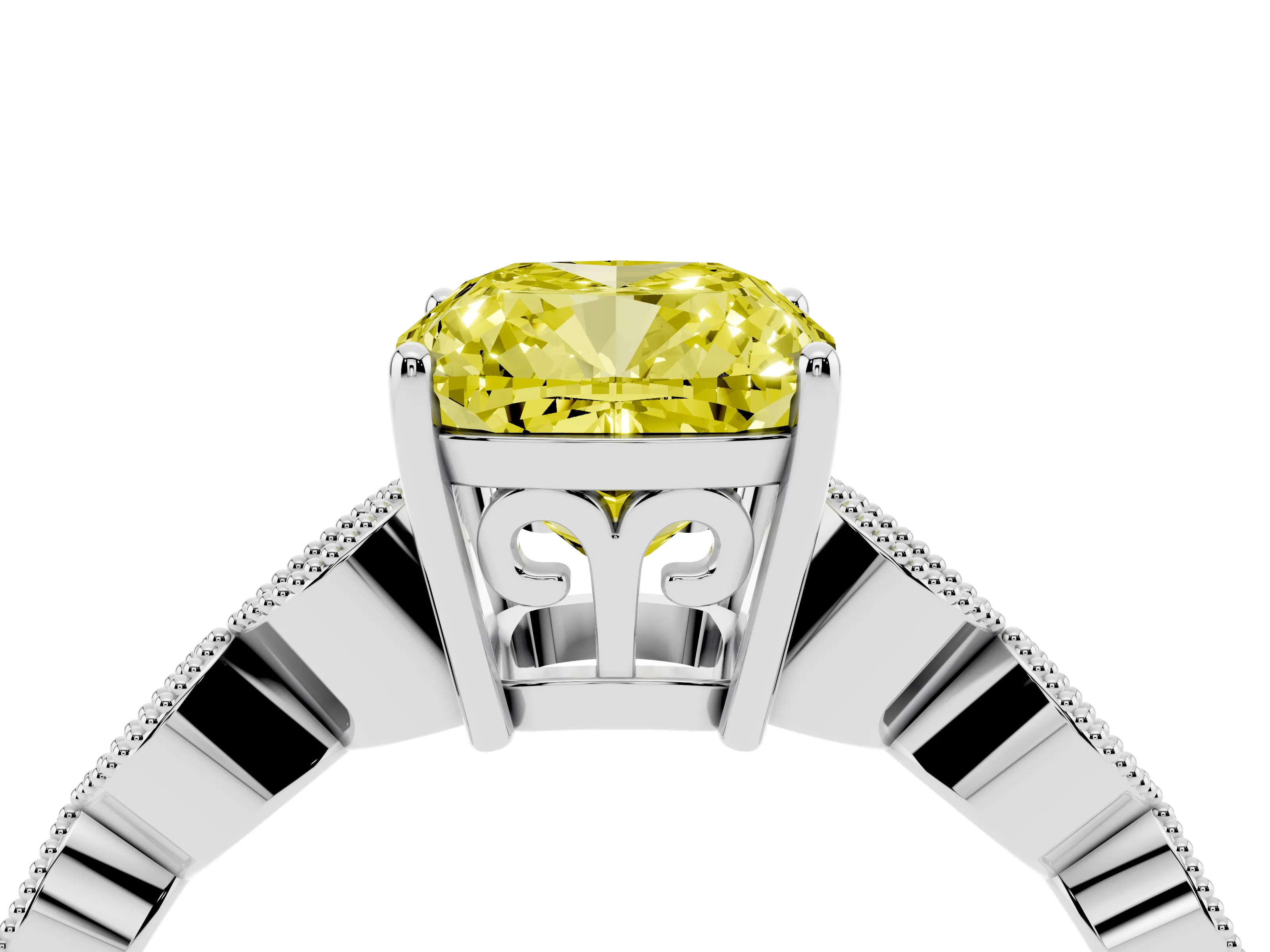 Fancy Yellow Cushion Cut Diamond Solitaire Ring Set in White gold with Infinity Twist Pavé Band