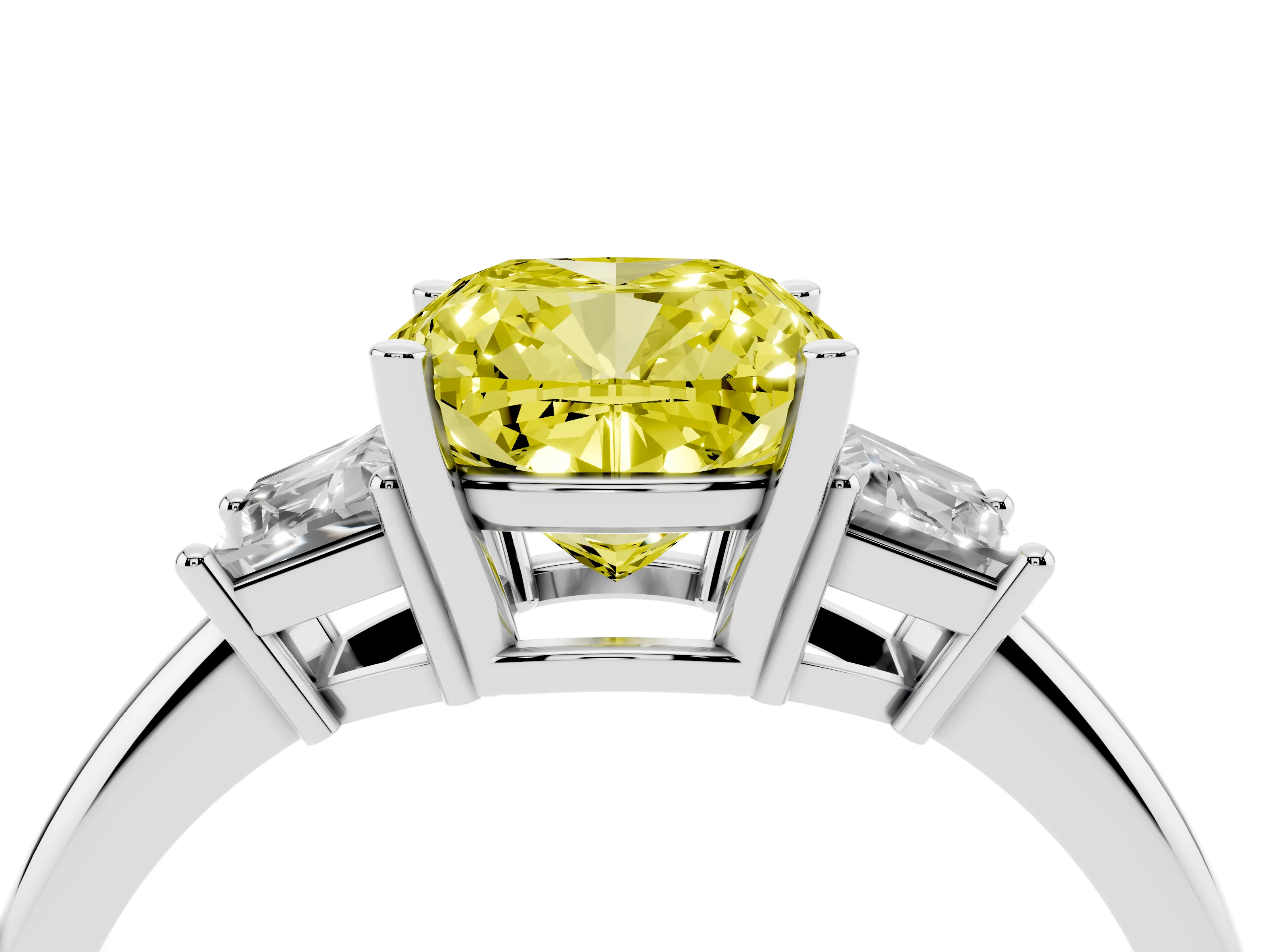 Fancy Yellow Cushion Cut Diamond Three-Stone Ring Set in Silver with Trapezoid Side Stones and Prong Setting
