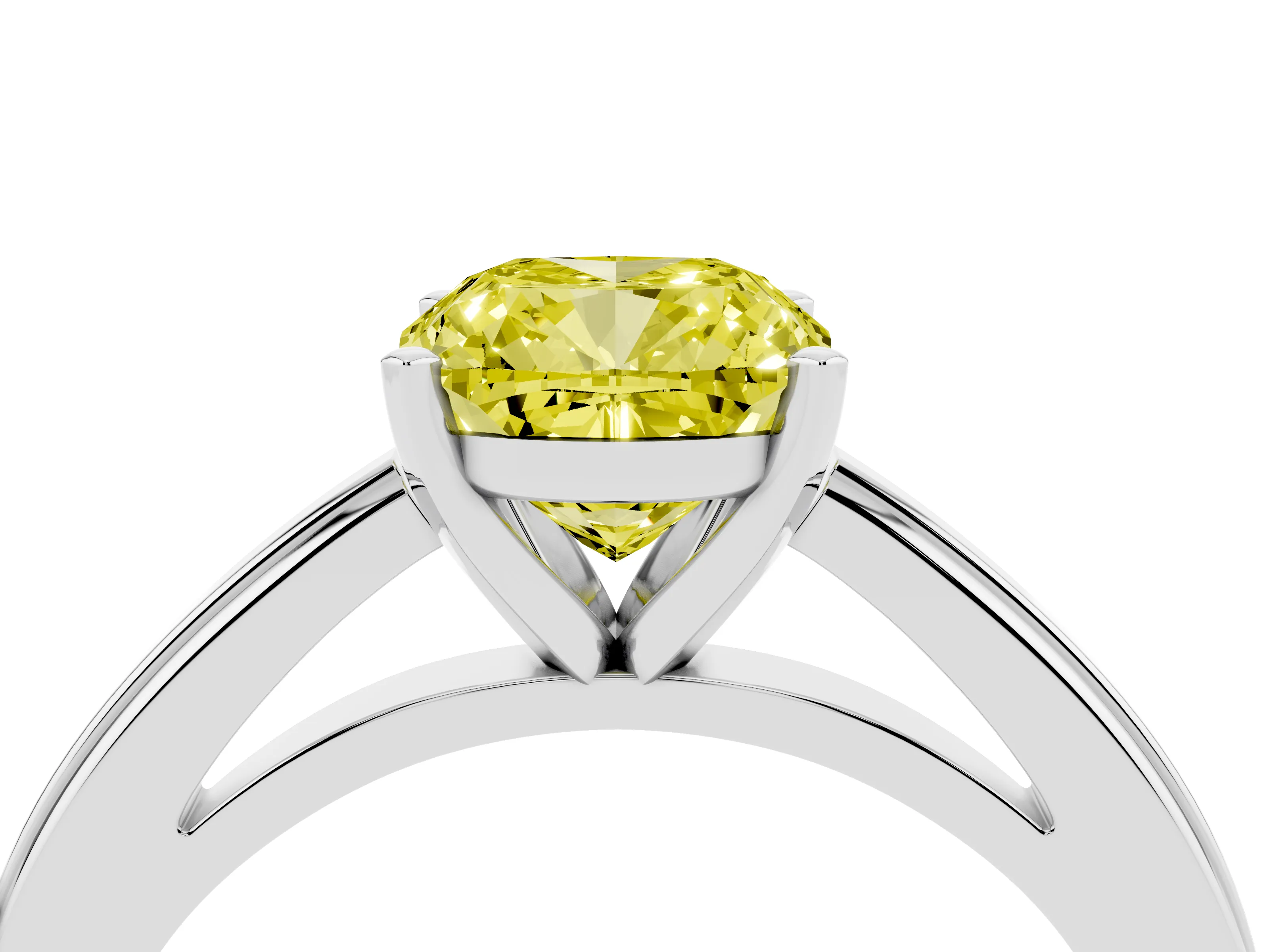 Fancy Yellow Cushion Cut Diamond Solitaire Ring Set in White gold with Prong Setting and Classic Band