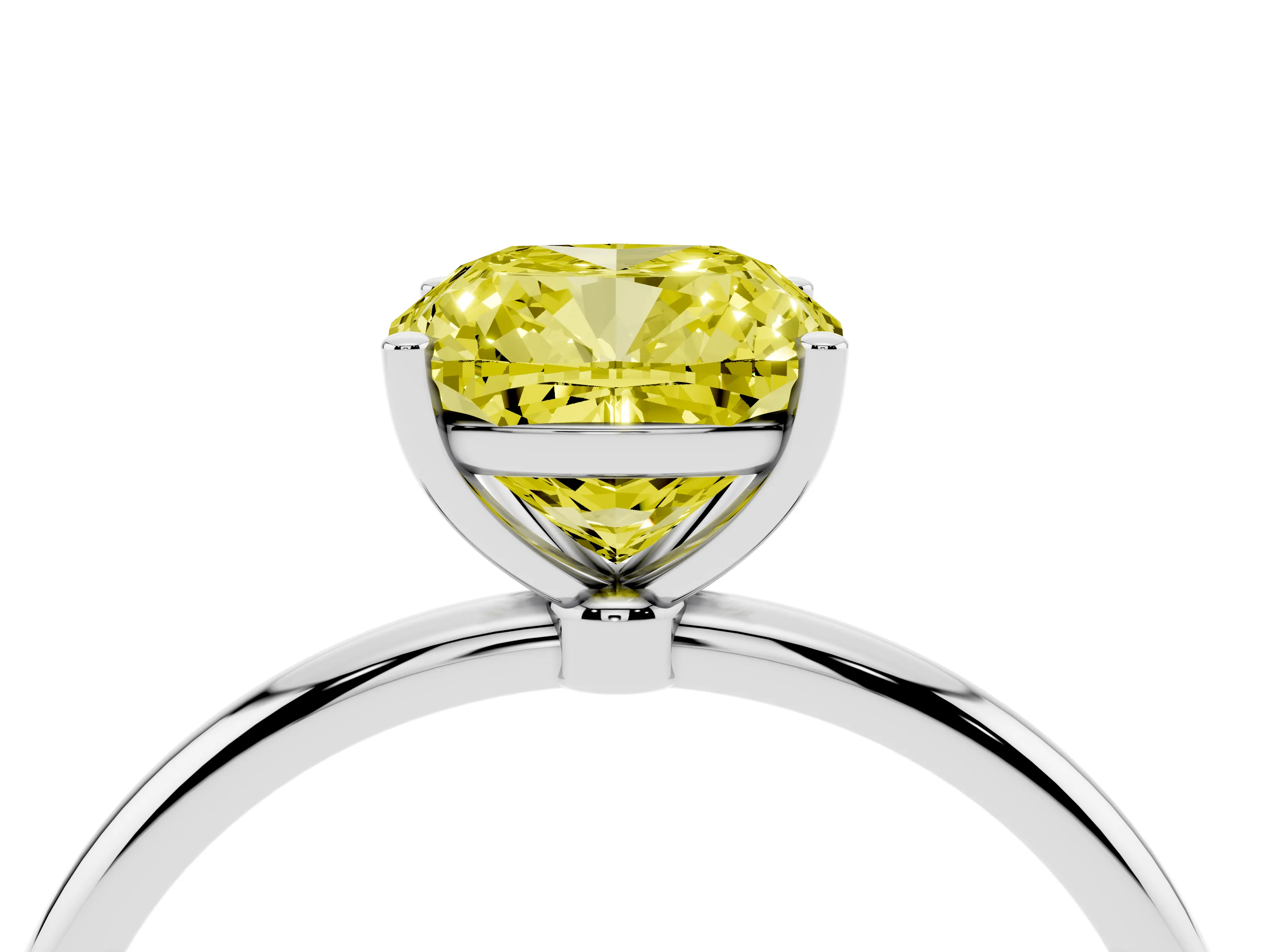 Fancy Yellow Cushion Cut Diamond Solitaire Engagement Ring Set in White gold with Thin Band and Prong Setting