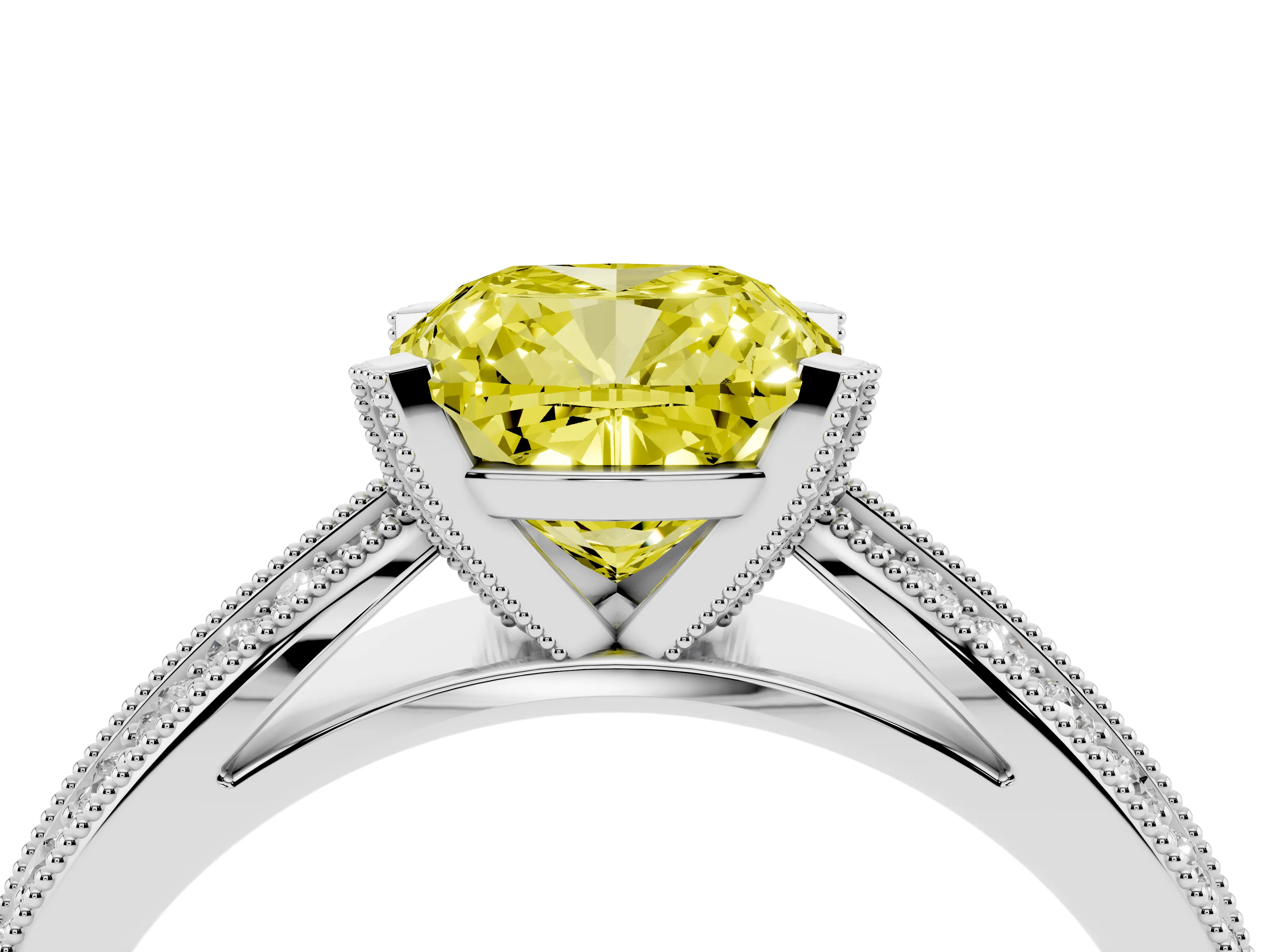 Fancy Yellow Cushion Cut Diamond Solitaire Ring Set in Platinum with Milgrain Double Row Round Pavé Band