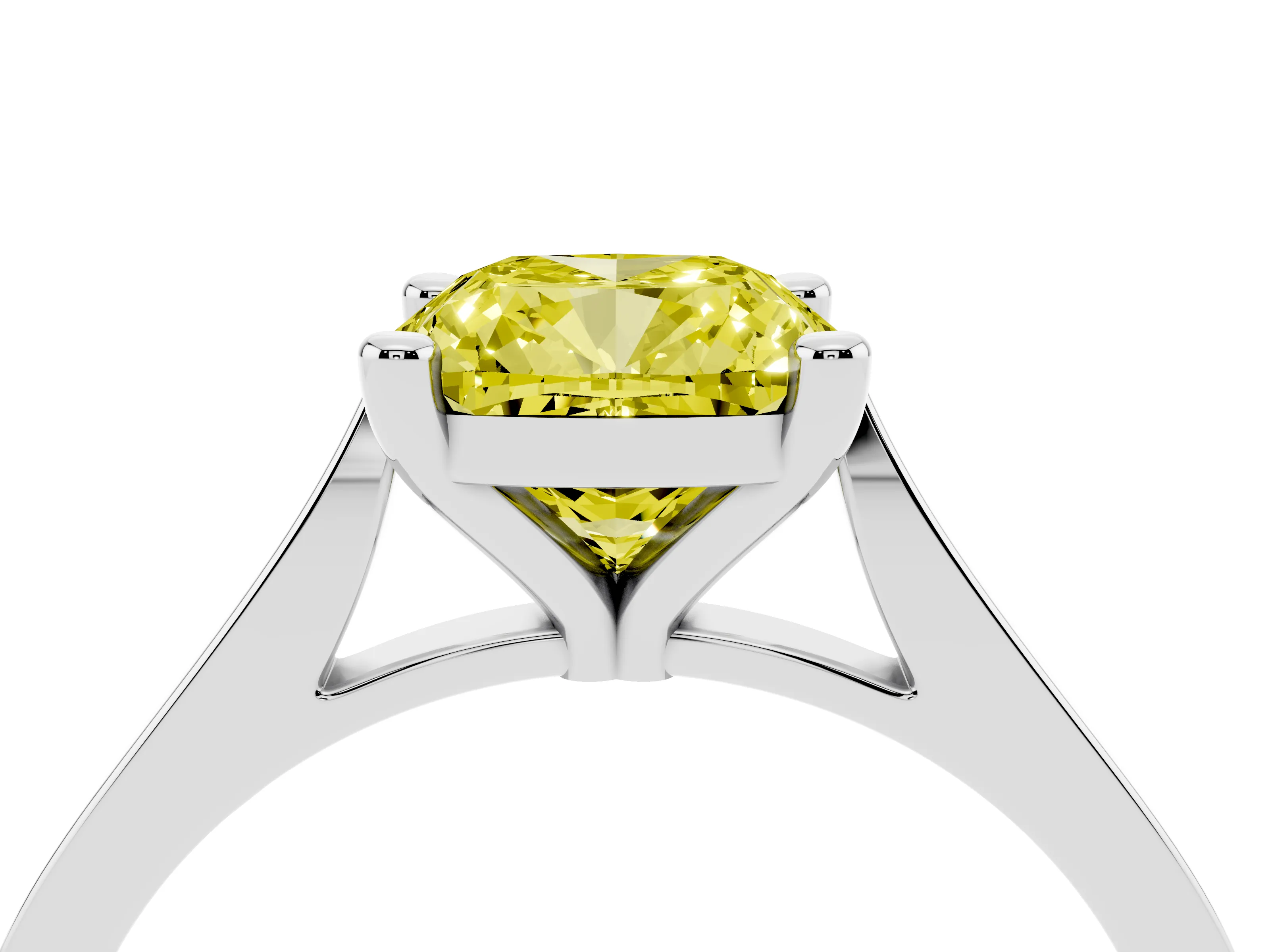 Fancy Yellow Cushion Cut Diamond Solitaire Ring Set in Platinum with Prong Setting and Tapered Band
