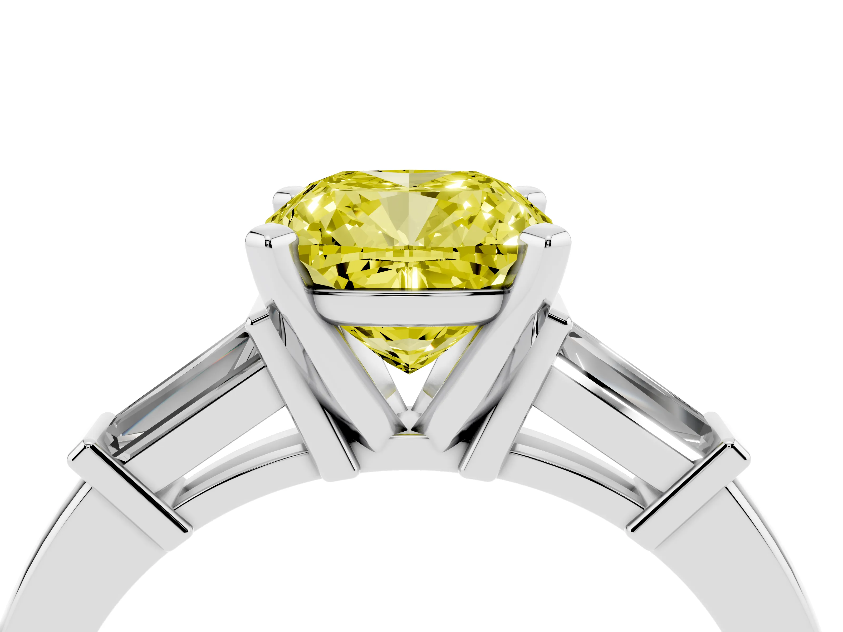 Fancy Yellow Cushion Cut Diamond Solitaire Ring Set in Platinum with Tapered Baguette Accents and Prong Setting