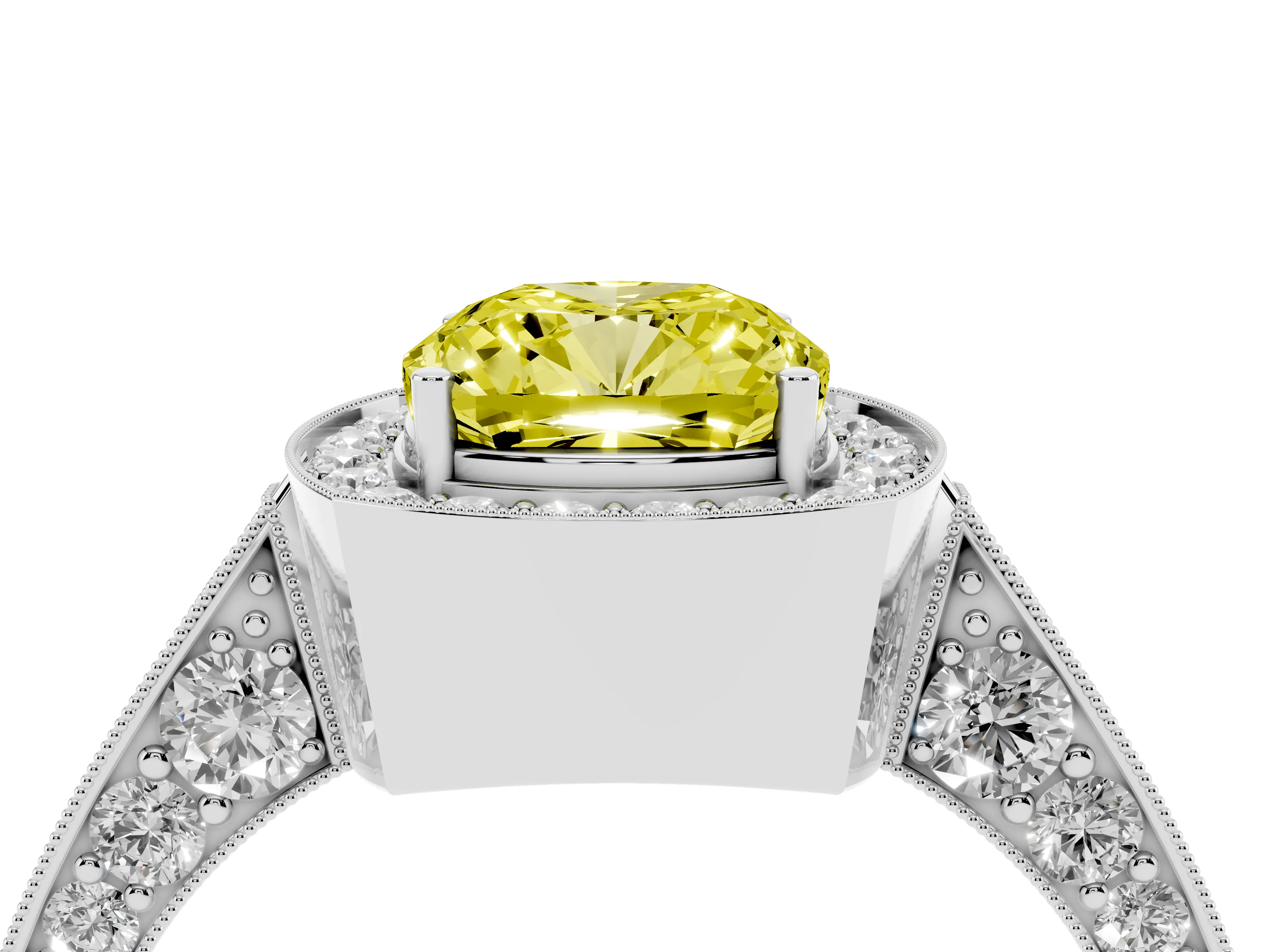 Fancy Yellow Cushion Cut Diamond Halo Engagement Ring Set in Silver with Accent Split Shank Band