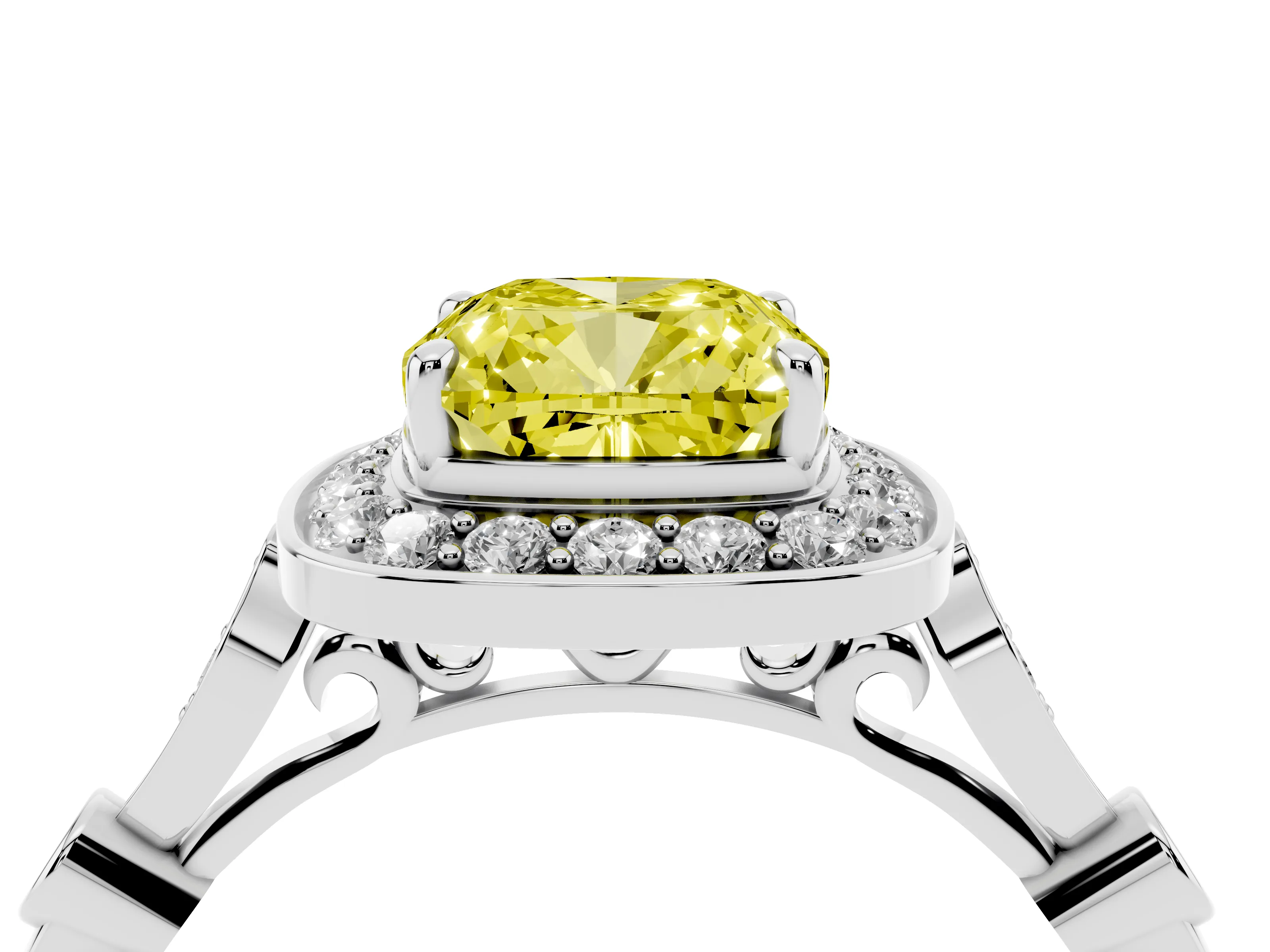 Fancy Yellow Cushion Cut Diamond Halo Engagement Ring Set in White gold with Twisted Band and Prong Setting