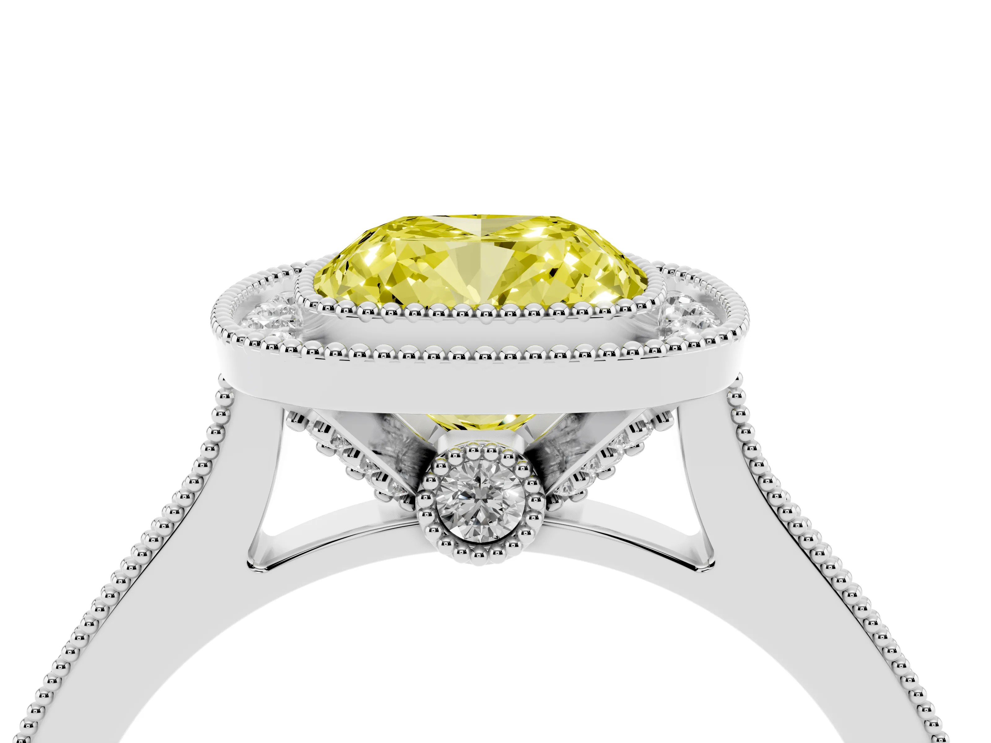 Fancy Yellow Cushion Cut Diamond Halo Milgrain Pavé Band Ring Set in Platinum with Prong Setting