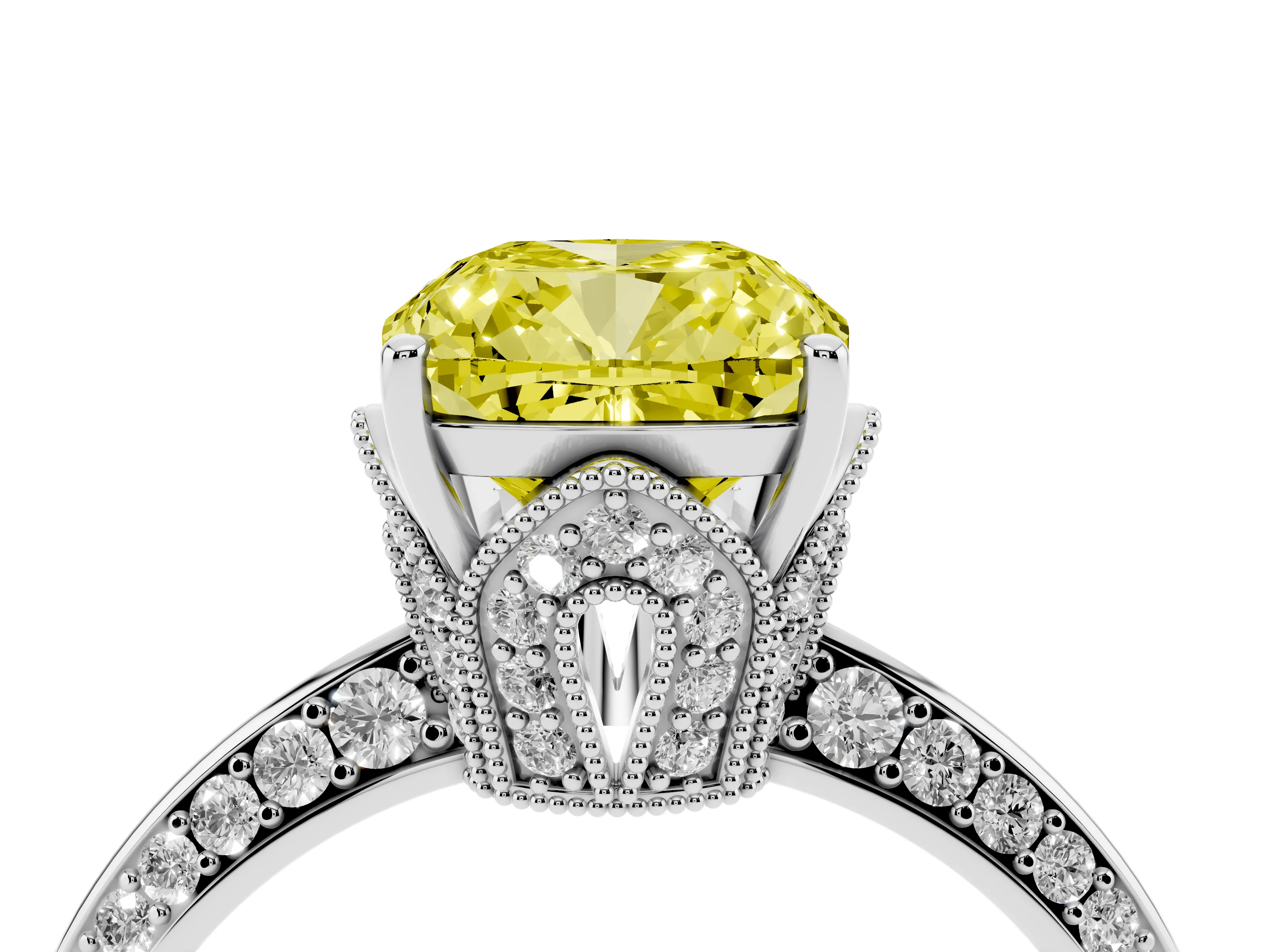 Fancy Yellow Cushion Cut Diamond Solitaire Engagement Ring Set in Platinum with Pavé Split Shank and Prong Setting