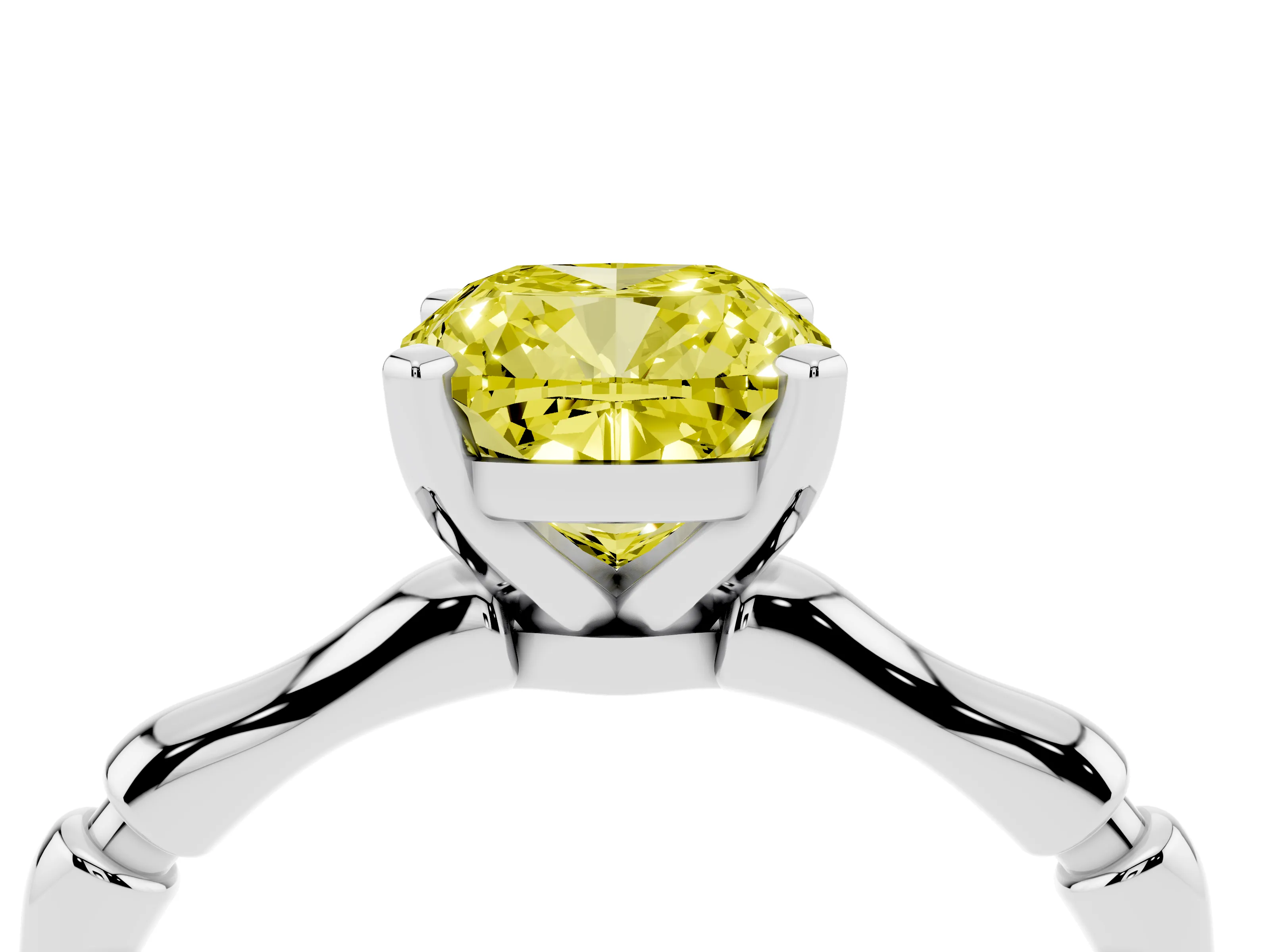 Fancy Yellow Cushion Cut Diamond Solitaire Ring Set in Silver with Bamboo Band and Prong Setting
