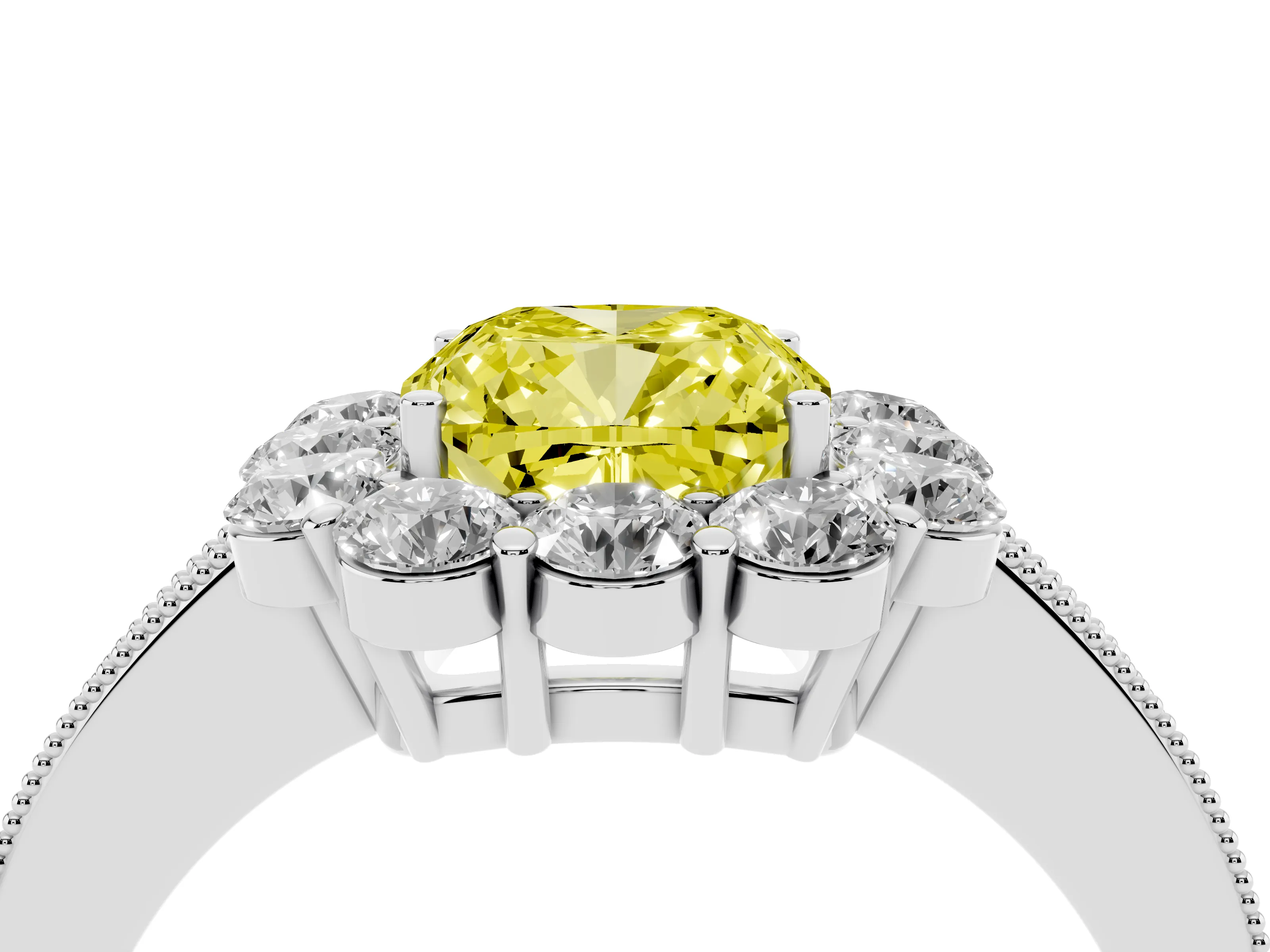 Fancy Yellow Cushion Cut Diamond Halo Pavé Engagement Ring Set in Silver with Milgrain Detailing