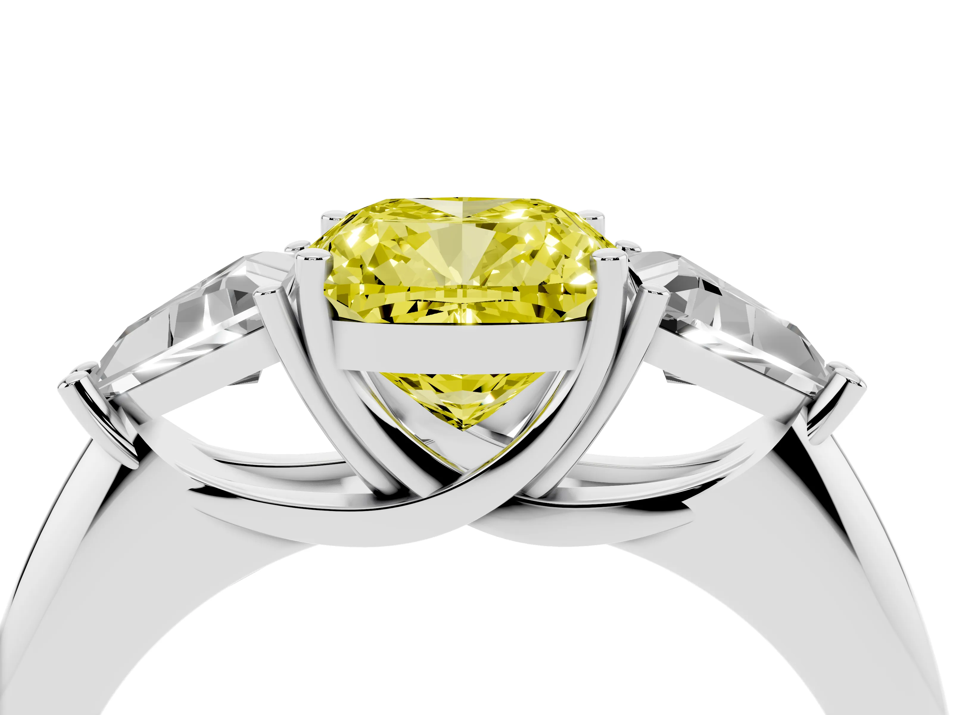 Fancy Yellow Cushion Cut Diamond Three-Stone Engagement Ring Set in Silver with Trillion Side Stones