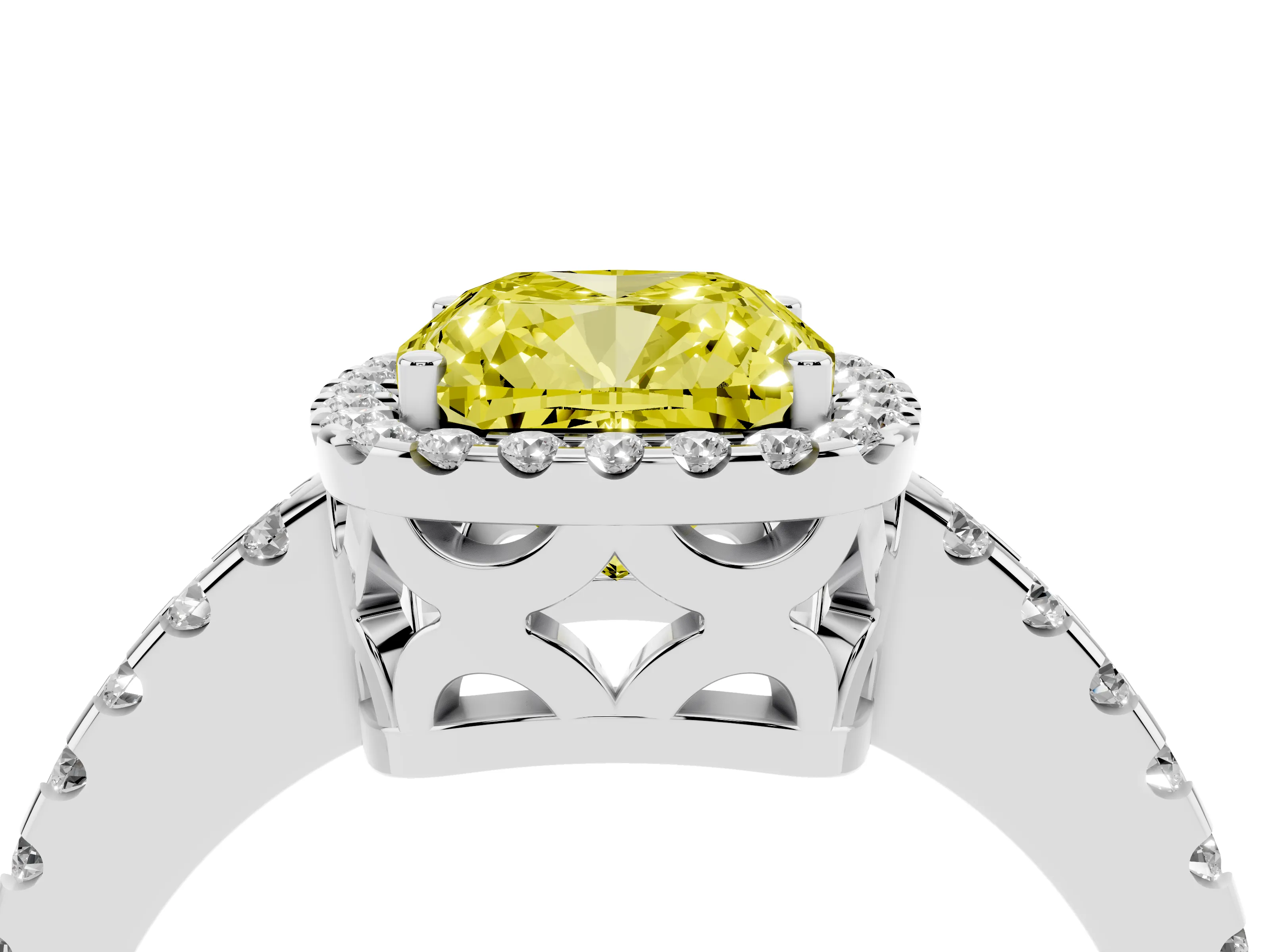 Fancy Yellow Cushion Cut Diamond Halo Ring Set in Silver with Pavé Shoulders and Halo-Framed Center