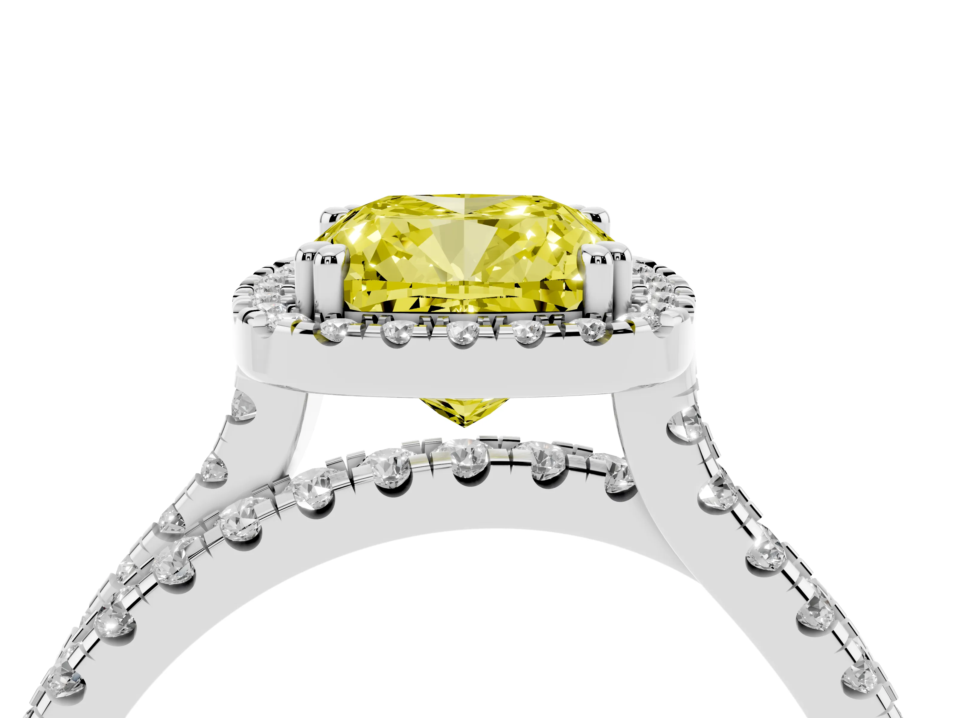 Fancy Yellow Cushion Cut Diamond Halo Split Shank Ring Set in Silver with Pavé Setting