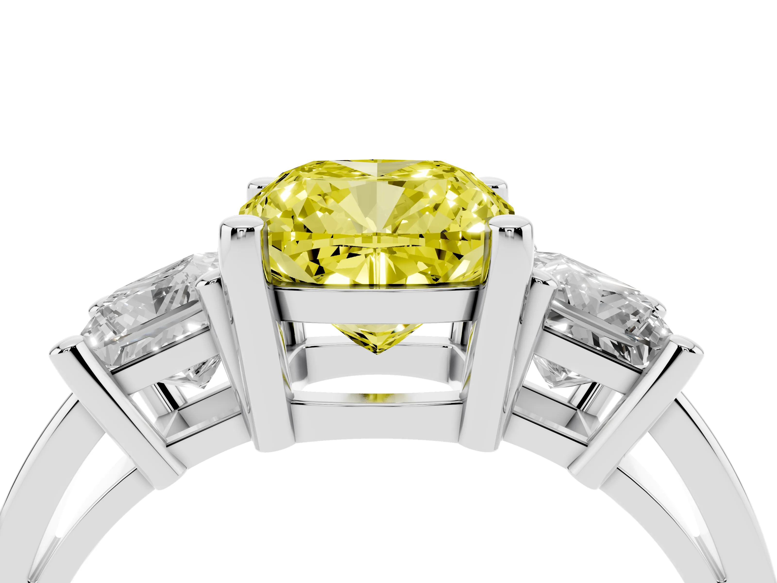 Fancy Yellow Three-Stone Cushion Cut Diamond Solitaire Ring Set in Silver with Prong Setting