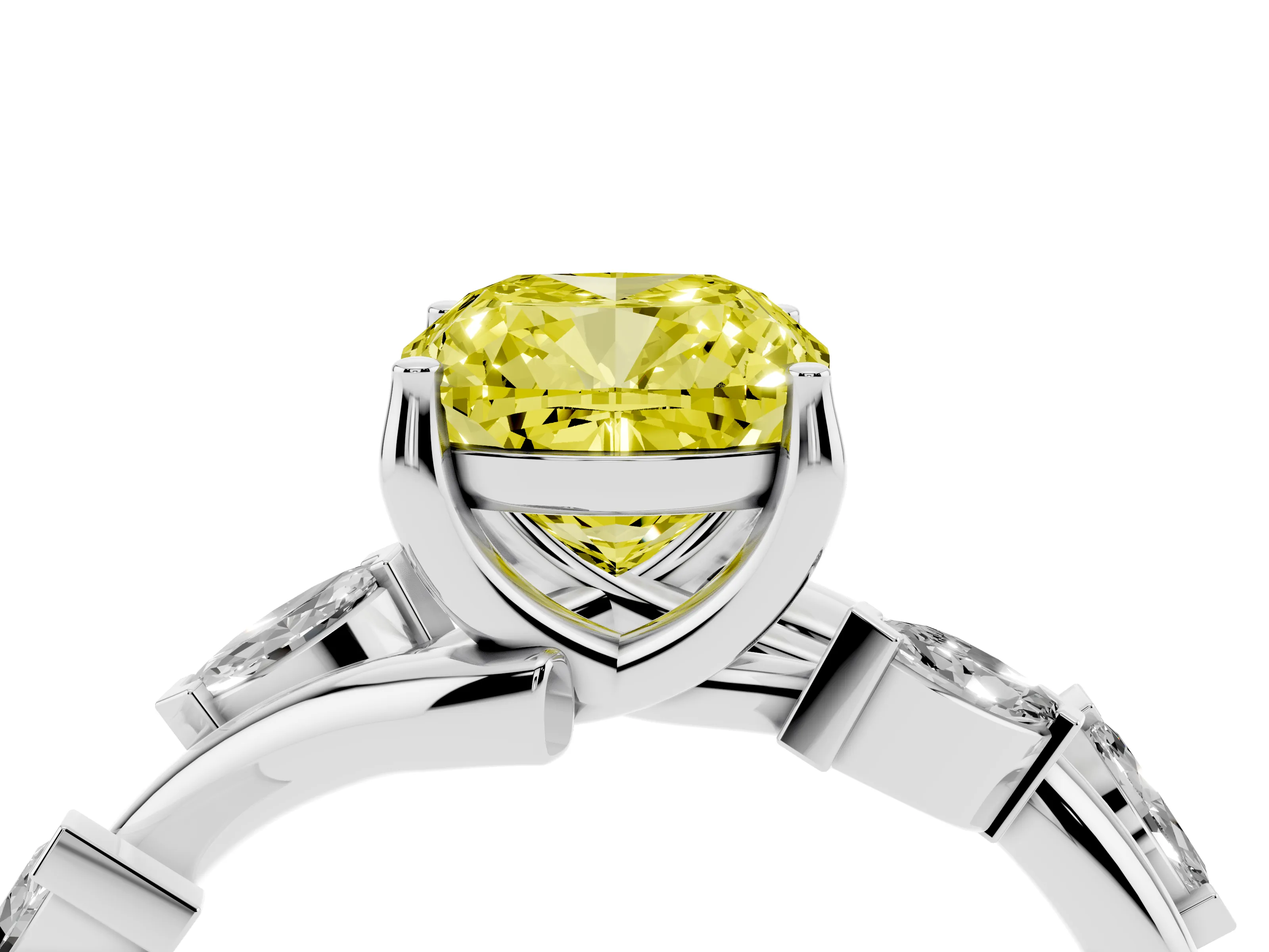 Fancy Yellow Cushion Cut Diamond Solitaire Ring Set in Platinum with Twisted Marquise Accent Band