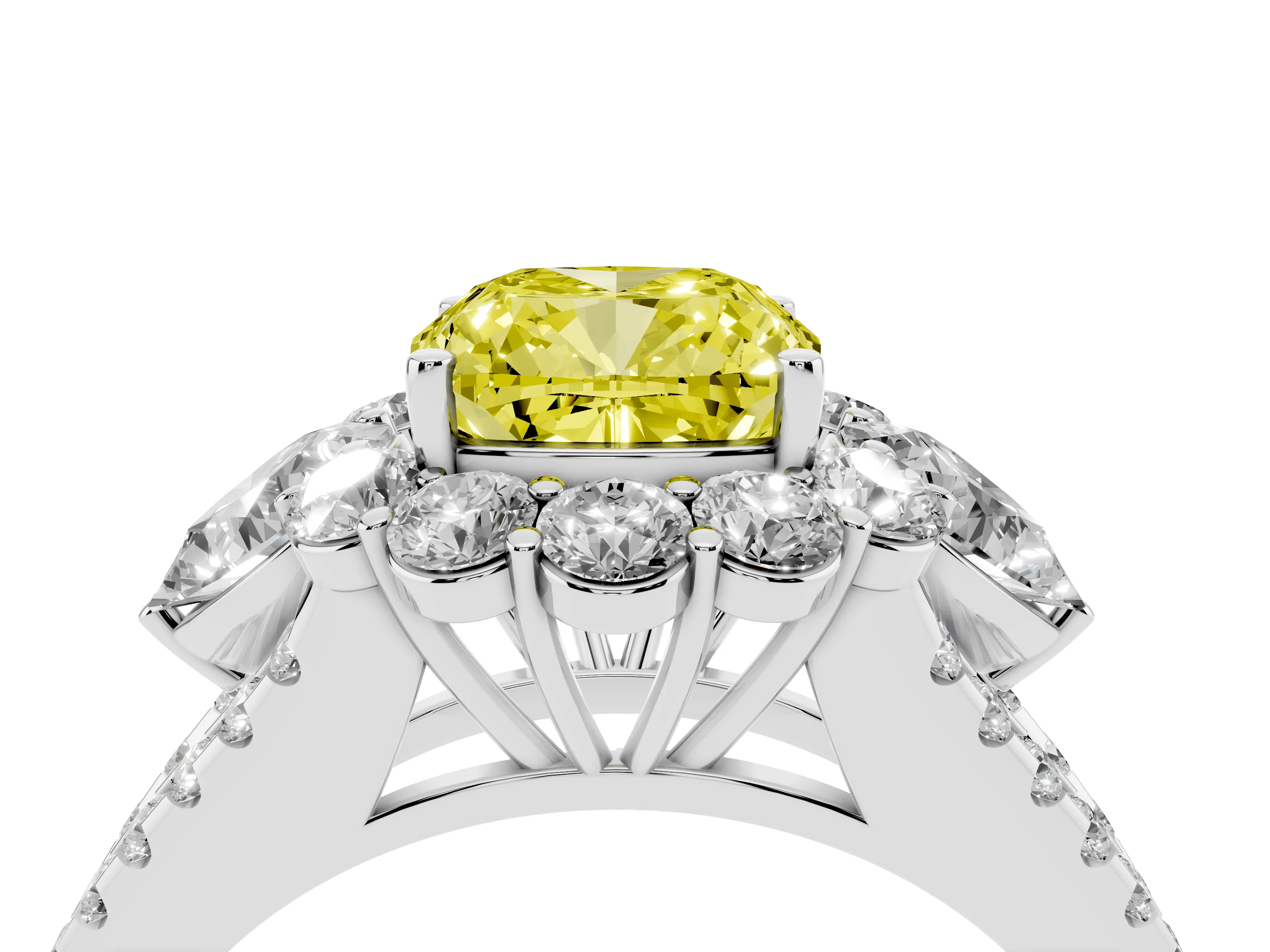 Fancy Yellow Cushion Cut Diamond Halo Split Shank Engagement Ring Set in White gold with Prong-Held Center Stone