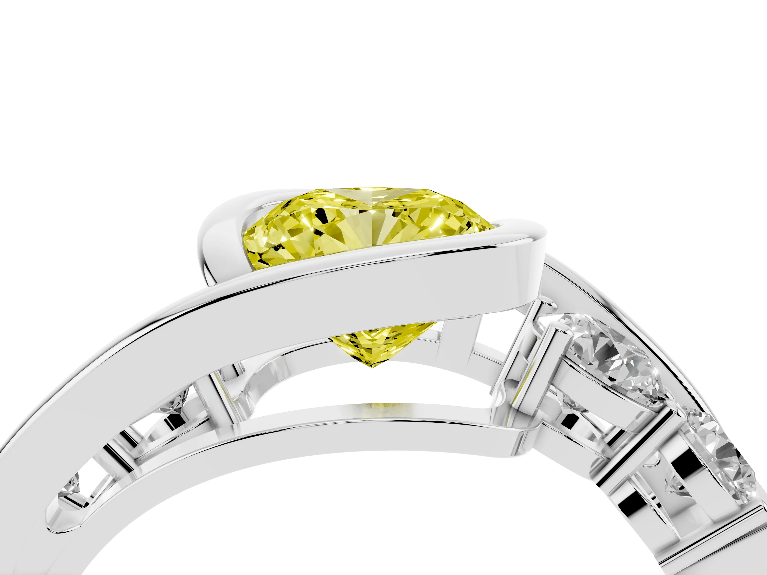 Fancy Yellow Cushion Cut Diamond Bezel Bypass Ring Set in Silver with Round Accents