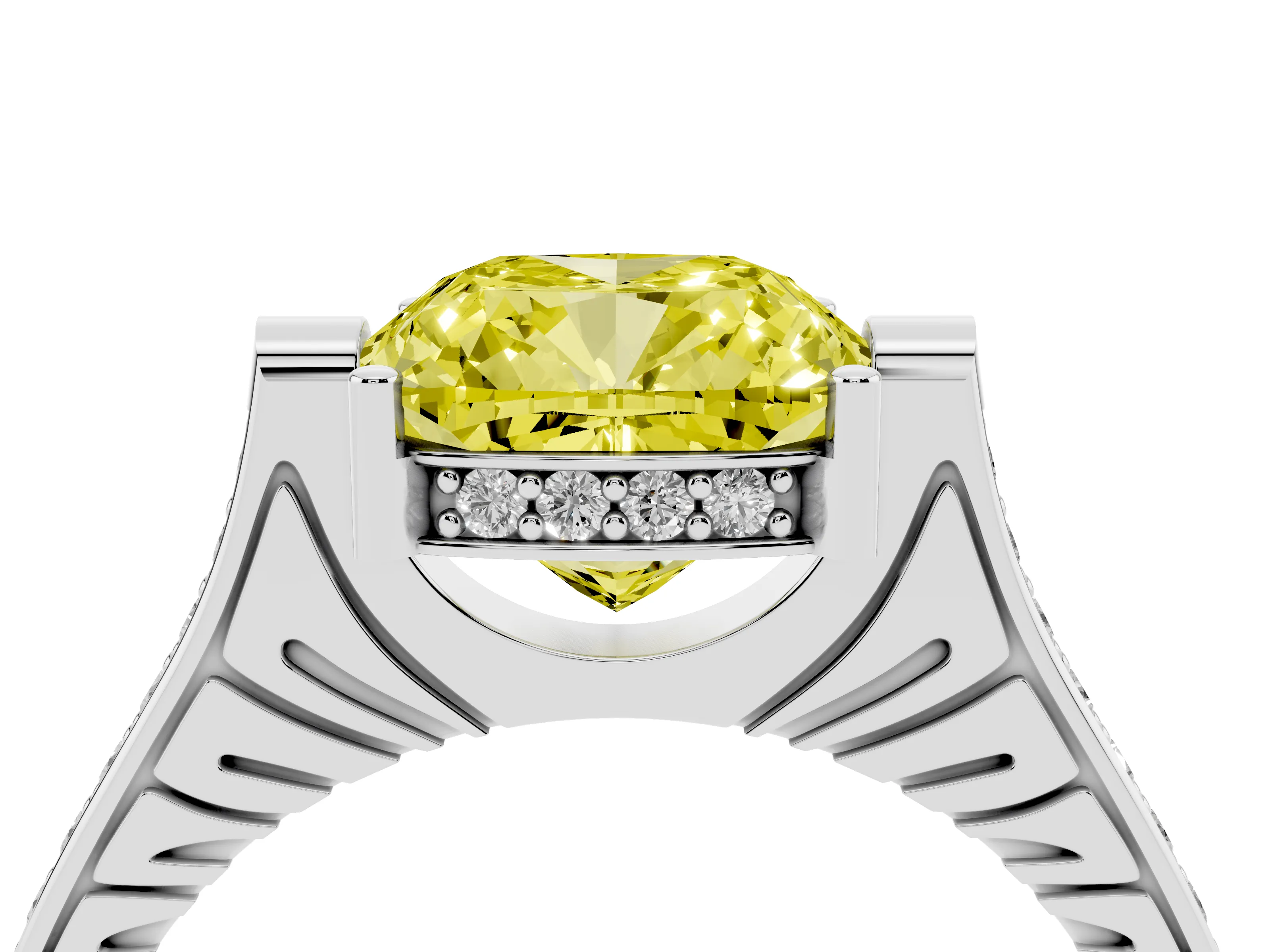 Fancy Yellow Cushion Cut Diamond Solitaire Ring Set in Platinum with Channel Set Band and Bezel Prong Setting
