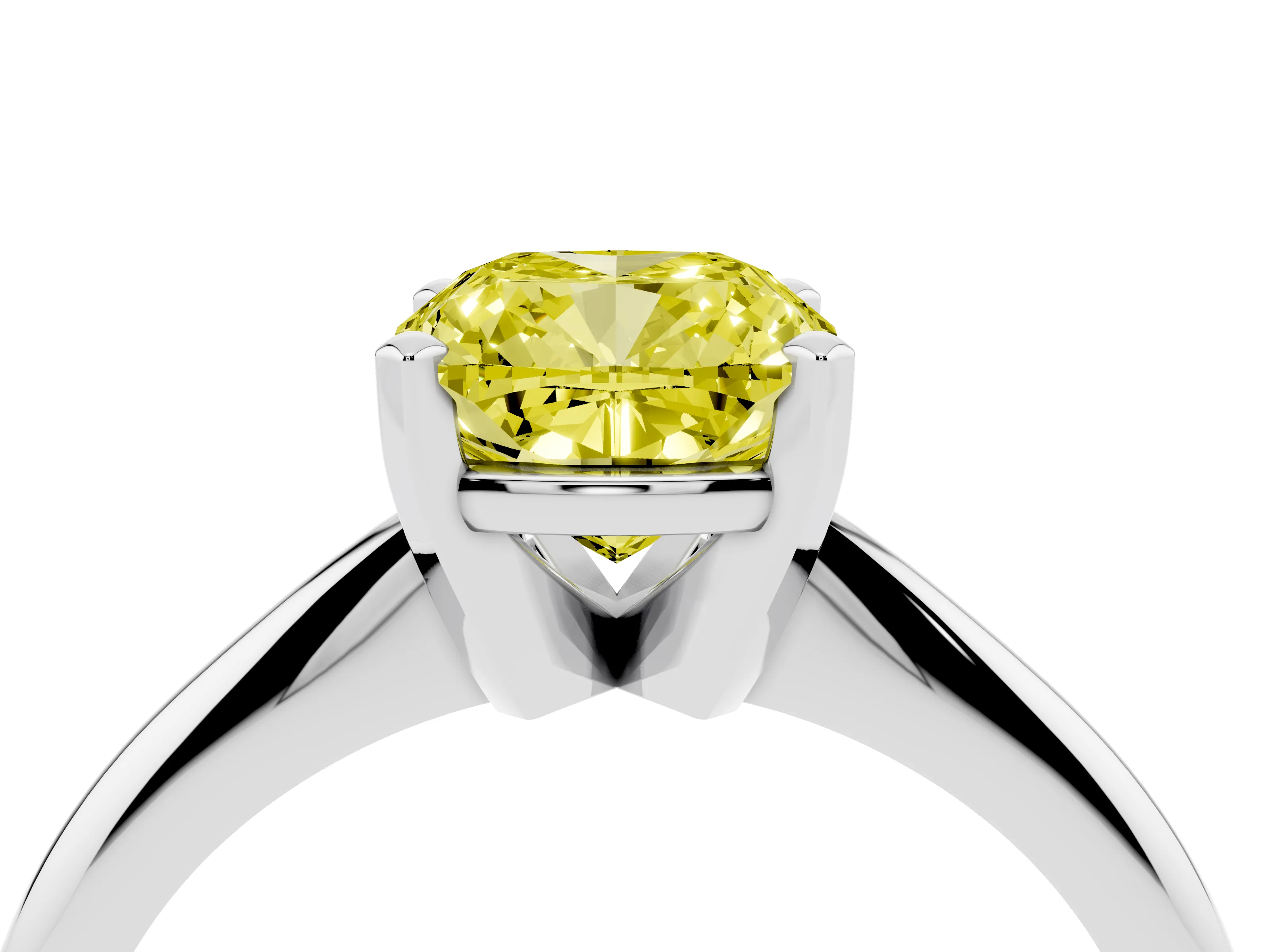 Fancy Yellow Cushion Cut Diamond Solitaire Ring Set in Silver with Prong Setting on a Plain Round Band