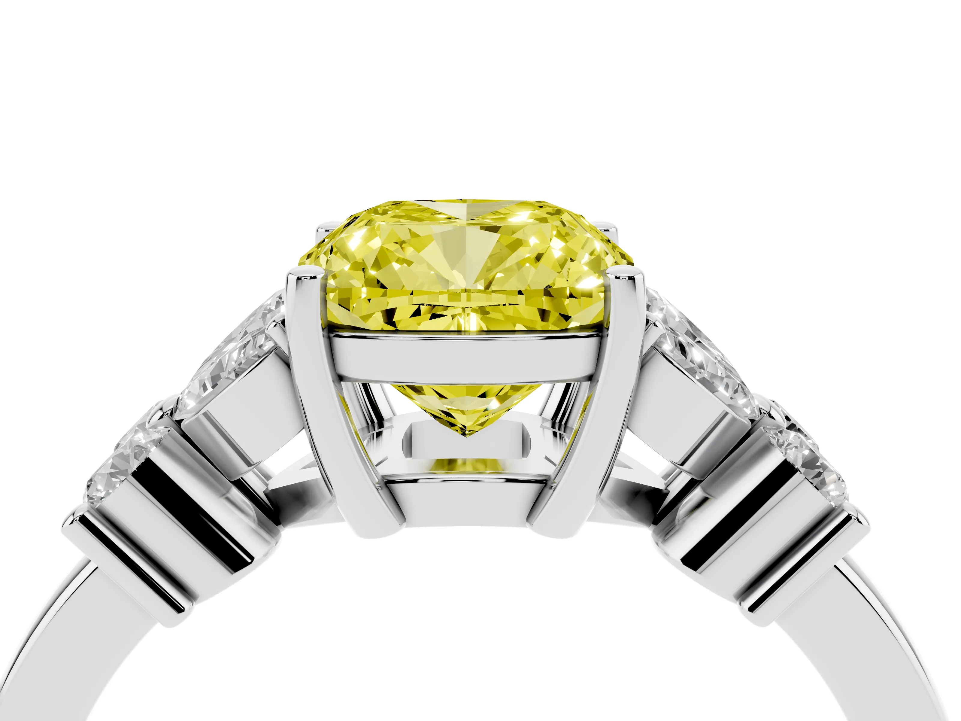 Fancy Yellow Cushion Cut Diamond Floral Cluster Ring Set in Platinum with Marquise Petals and Prong Setting
