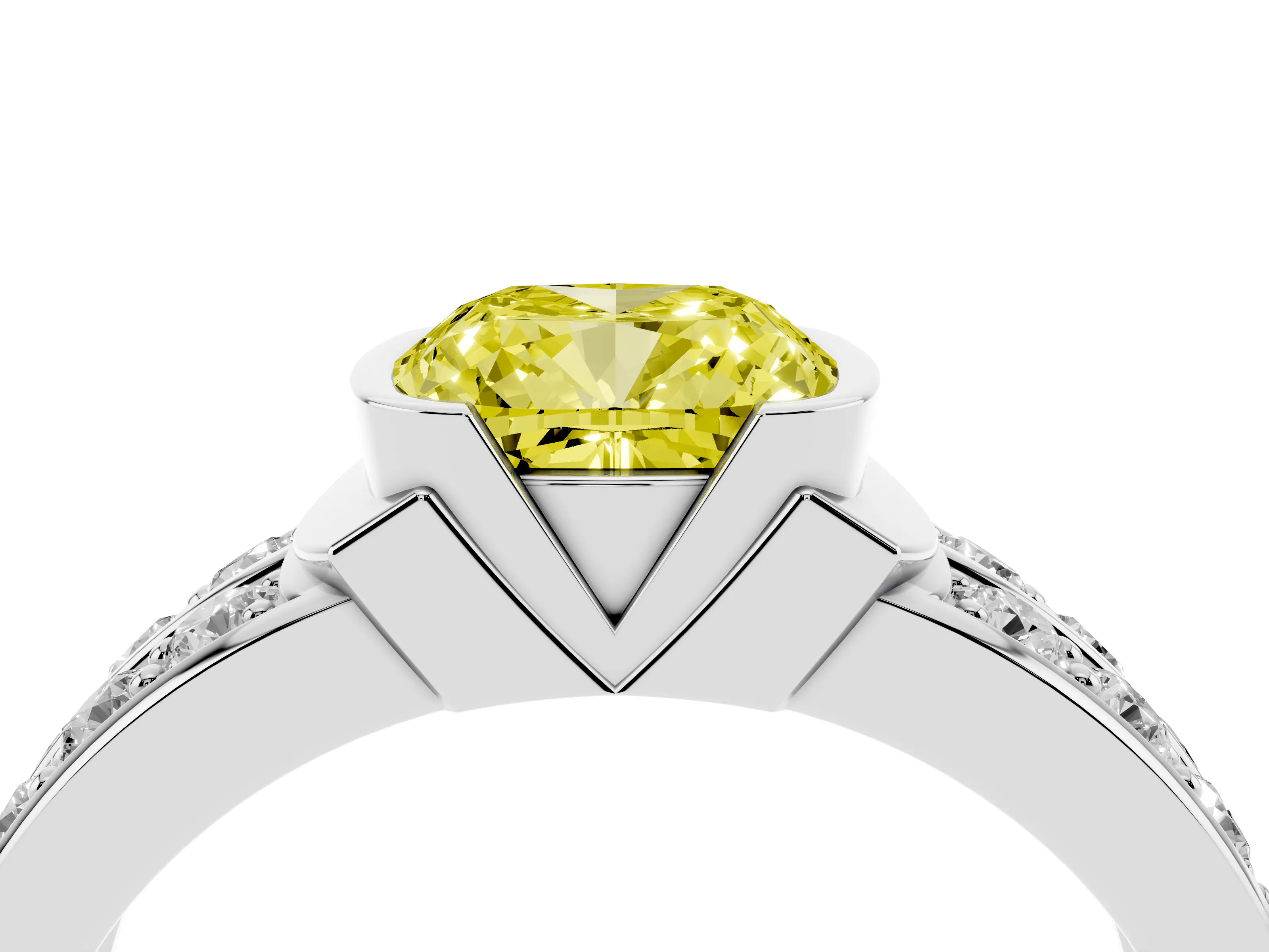 Fancy Yellow Cushion Cut Diamond Wide Channel Set Band Ring Set in Silver with Bezel Setting