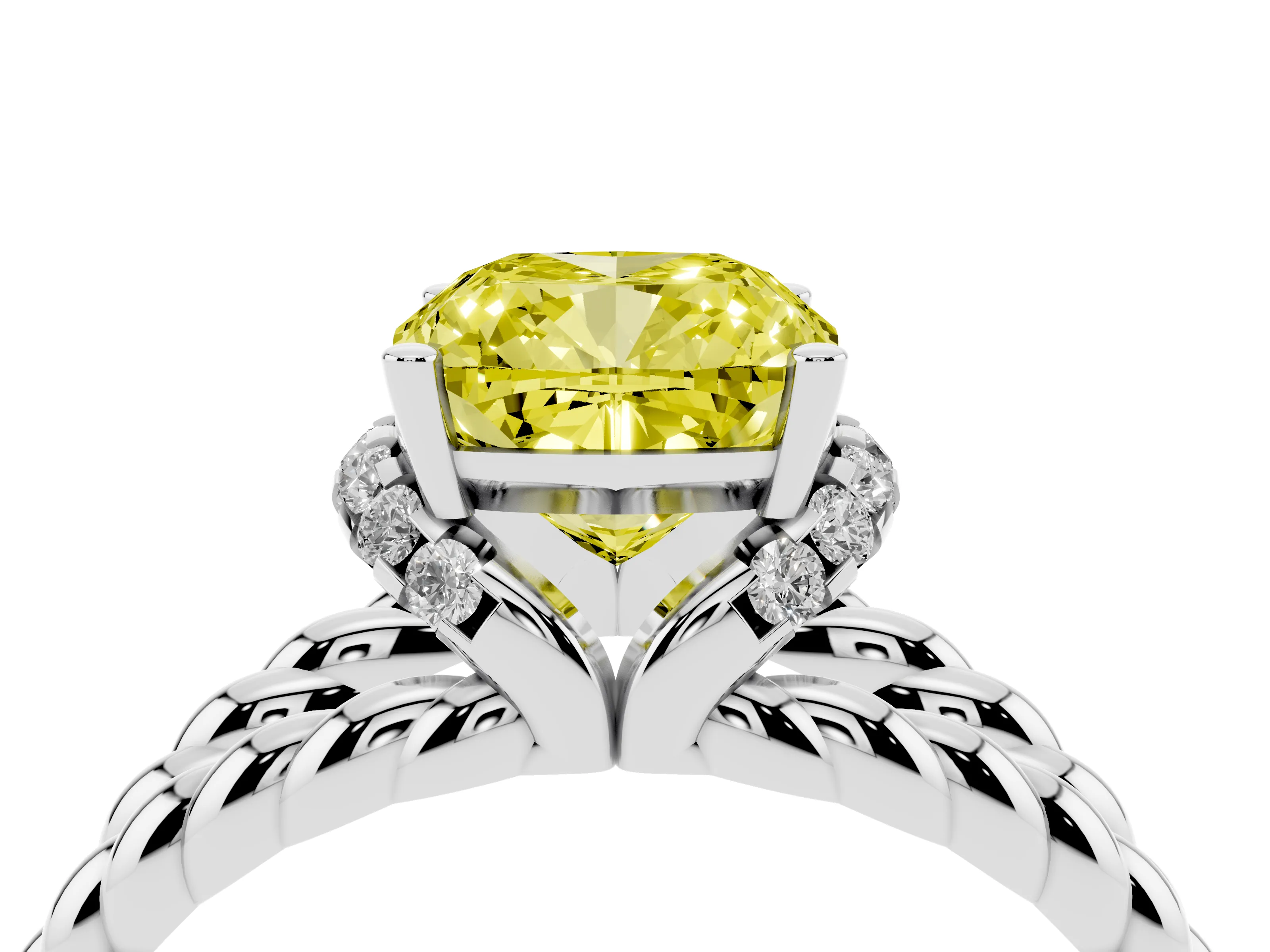 Fancy Yellow Cushion Cut Diamond Halo Ring Set in White gold with Twisted Band and Prong Setting