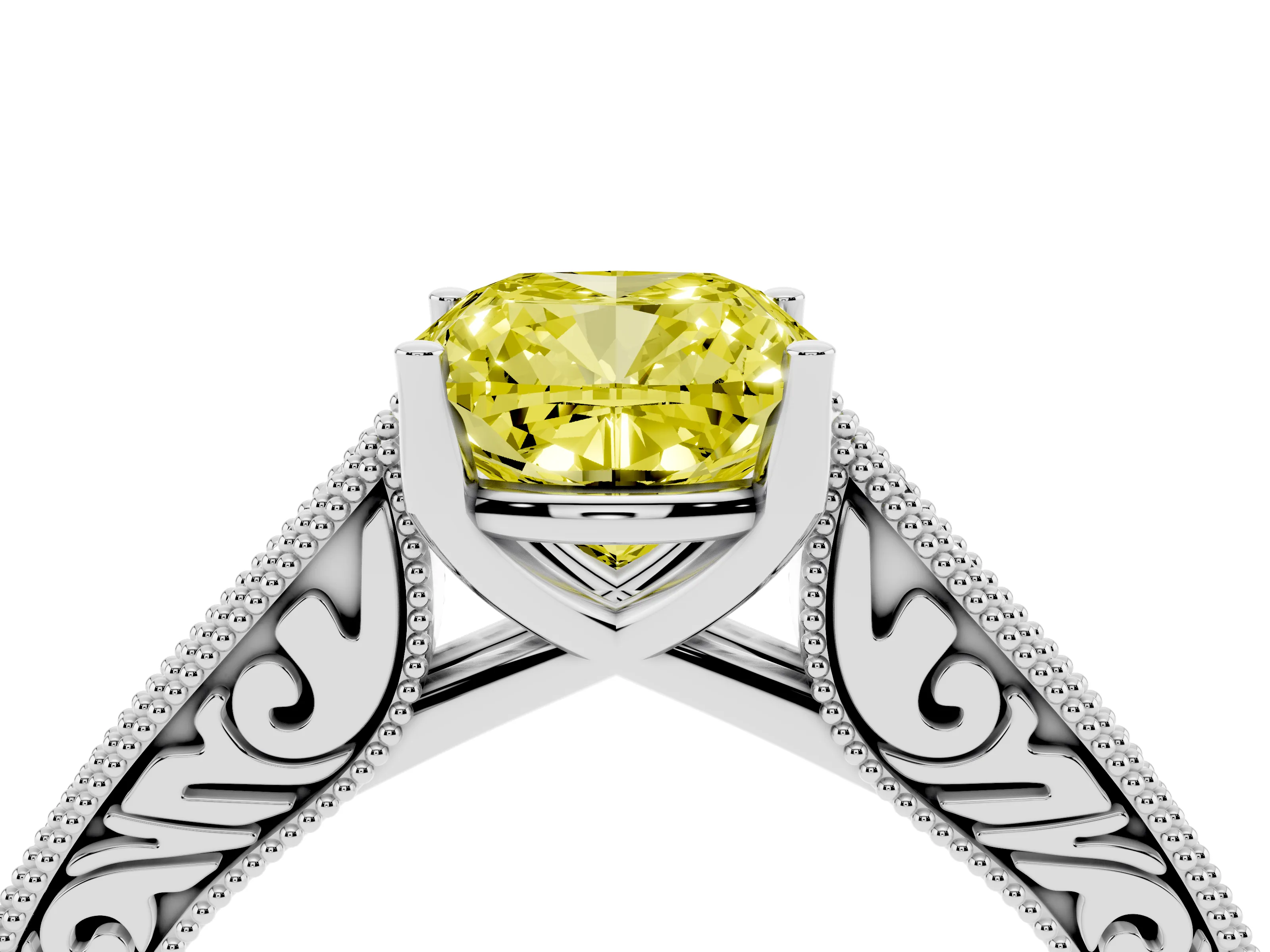 Fancy Yellow Cushion Cut Diamond Milgrain Pavé Band Solitaire Ring Set in White gold with Prong Setting